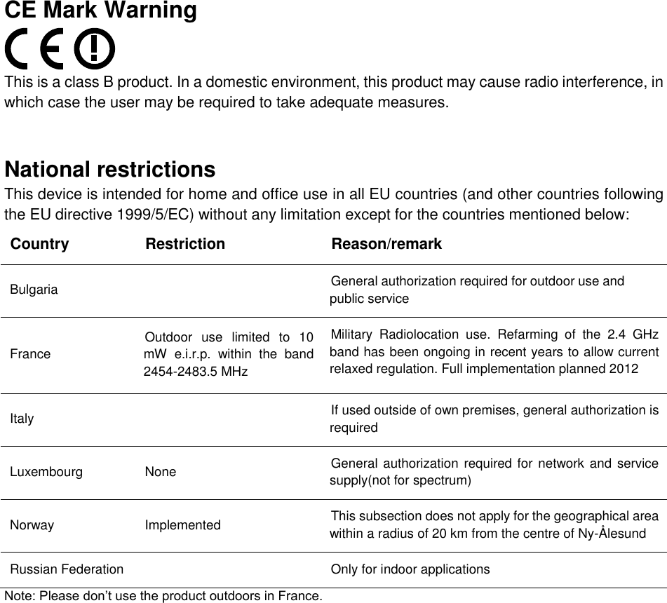   CE Mark Warning  This is a class B product. In a domestic environment, this product may cause radio interference, in which case the user may be required to take adequate measures.    National restrictions This device is intended for home and office use in all EU countries (and other countries following the EU directive 1999/5/EC) without any limitation except for the countries mentioned below: Country Restriction Reason/remark Bulgaria  General authorization required for outdoor use and public service France Outdoor  use  limited  to  10 mW  e.i.r.p.  within  the  band 2454-2483.5 MHz Military  Radiolocation  use.  Refarming  of  the  2.4  GHz band has been ongoing in recent years to allow current relaxed regulation. Full implementation planned 2012 Italy  If used outside of own premises, general authorization is required Luxembourg None General authorization  required for network and service supply(not for spectrum) Norway Implemented This subsection does not apply for the geographical area within a radius of 20 km from the centre of Ny-&Aring;lesund Russian Federation  Only for indoor applications Note: Please don‟t use the product outdoors in France. 