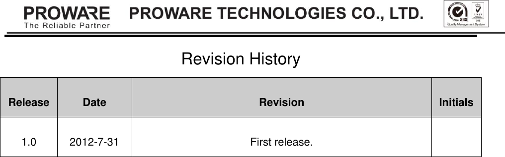  Revision History Release Date Revision Initials 1.0 2012-7-31 First release.  