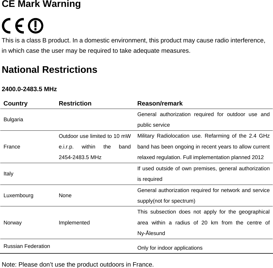   CE Mark Warning  This is a class B product. In a domestic environment, this product may cause radio interference, in which case the user may be required to take adequate measures. National Restrictions 2400.0-2483.5 MHz Country Restriction  Reason/remark Bulgaria   General authorization required for outdoor use and public service France Outdoor use limited to 10 mW e.i.r.p. within the band 2454-2483.5 MHz Military Radiolocation use. Refarming of the 2.4 GHz band has been ongoing in recent years to allow current relaxed regulation. Full implementation planned 2012 Italy   If used outside of own premises, general authorization is required Luxembourg None  General authorization required for network and service supply(not for spectrum) Norway Implemented This subsection does not apply for the geographical area within a radius of 20 km from the centre of Ny-&Aring;lesund Russian Federation    Only for indoor applications Note: Please don&rsquo;t use the product outdoors in France.