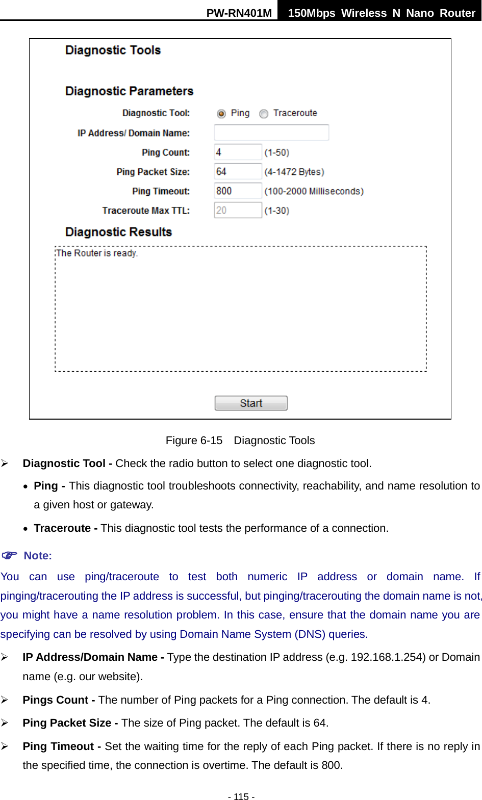 PW-RN401M 150Mbps  Wireless N Nano Router  - 115 -  Figure 6-15  Diagnostic Tools  Diagnostic Tool - Check the radio button to select one diagnostic tool. &bull; Ping - This diagnostic tool troubleshoots connectivity, reachability, and name resolution to a given host or gateway.   &bull; Traceroute - This diagnostic tool tests the performance of a connection.  Note: You can use ping/traceroute to test both numeric IP address or domain name. If pinging/tracerouting the IP address is successful, but pinging/tracerouting the domain name is not, you might have a name resolution problem. In this case, ensure that the domain name you are specifying can be resolved by using Domain Name System (DNS) queries.  IP Address/Domain Name - Type the destination IP address (e.g. 192.168.1.254) or Domain name (e.g. our website).  Pings Count - The number of Ping packets for a Ping connection. The default is 4.  Ping Packet Size - The size of Ping packet. The default is 64.  Ping Timeout - Set the waiting time for the reply of each Ping packet. If there is no reply in the specified time, the connection is overtime. The default is 800. 