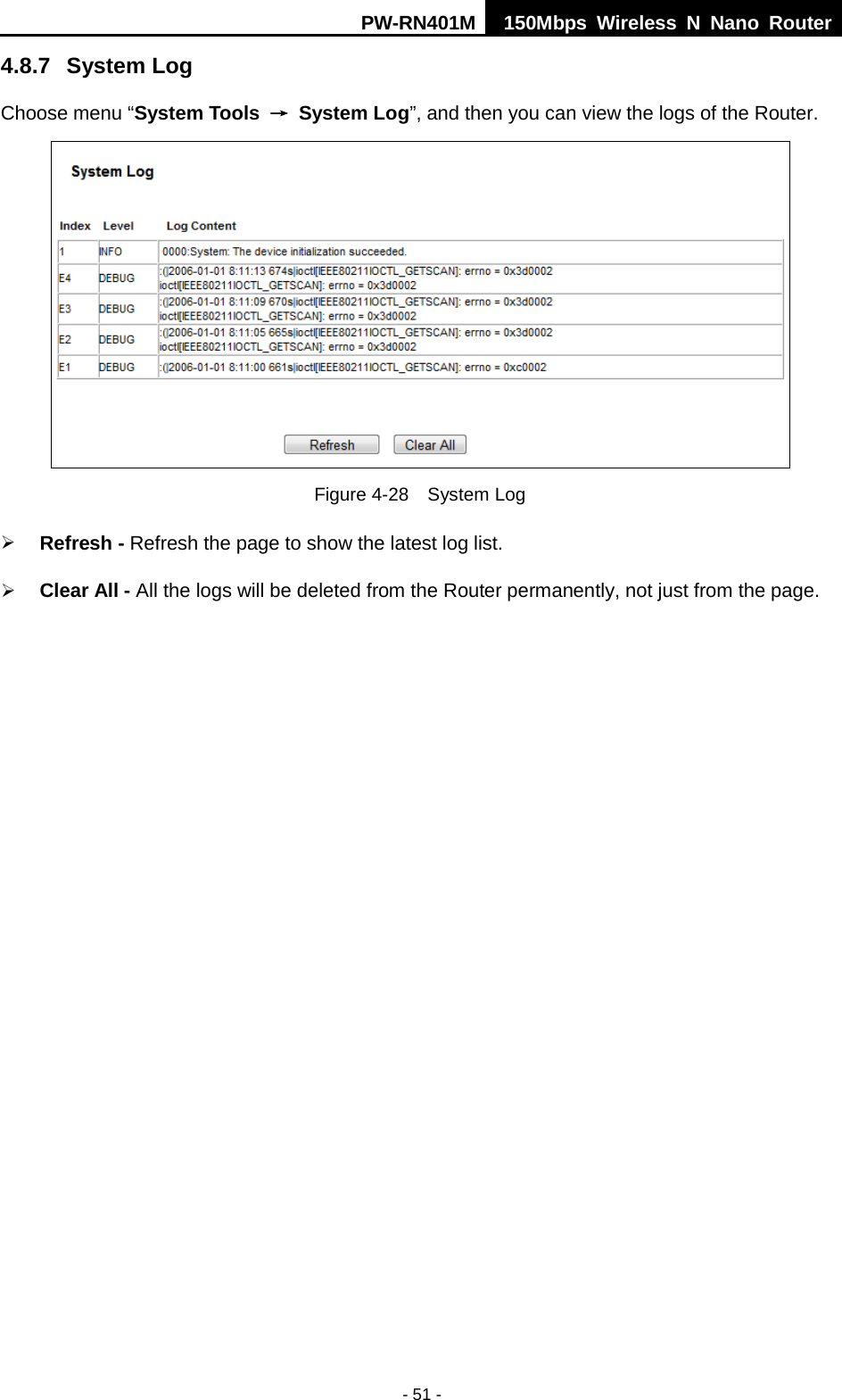 PW-RN401M 150Mbps  Wireless N Nano Router  - 51 - 4.8.7 System Log Choose menu &ldquo;System Tools &rarr; System Log&rdquo;, and then you can view the logs of the Router.  Figure 4-28  System Log  Refresh - Refresh the page to show the latest log list.    Clear All - All the logs will be deleted from the Router permanently, not just from the page.    