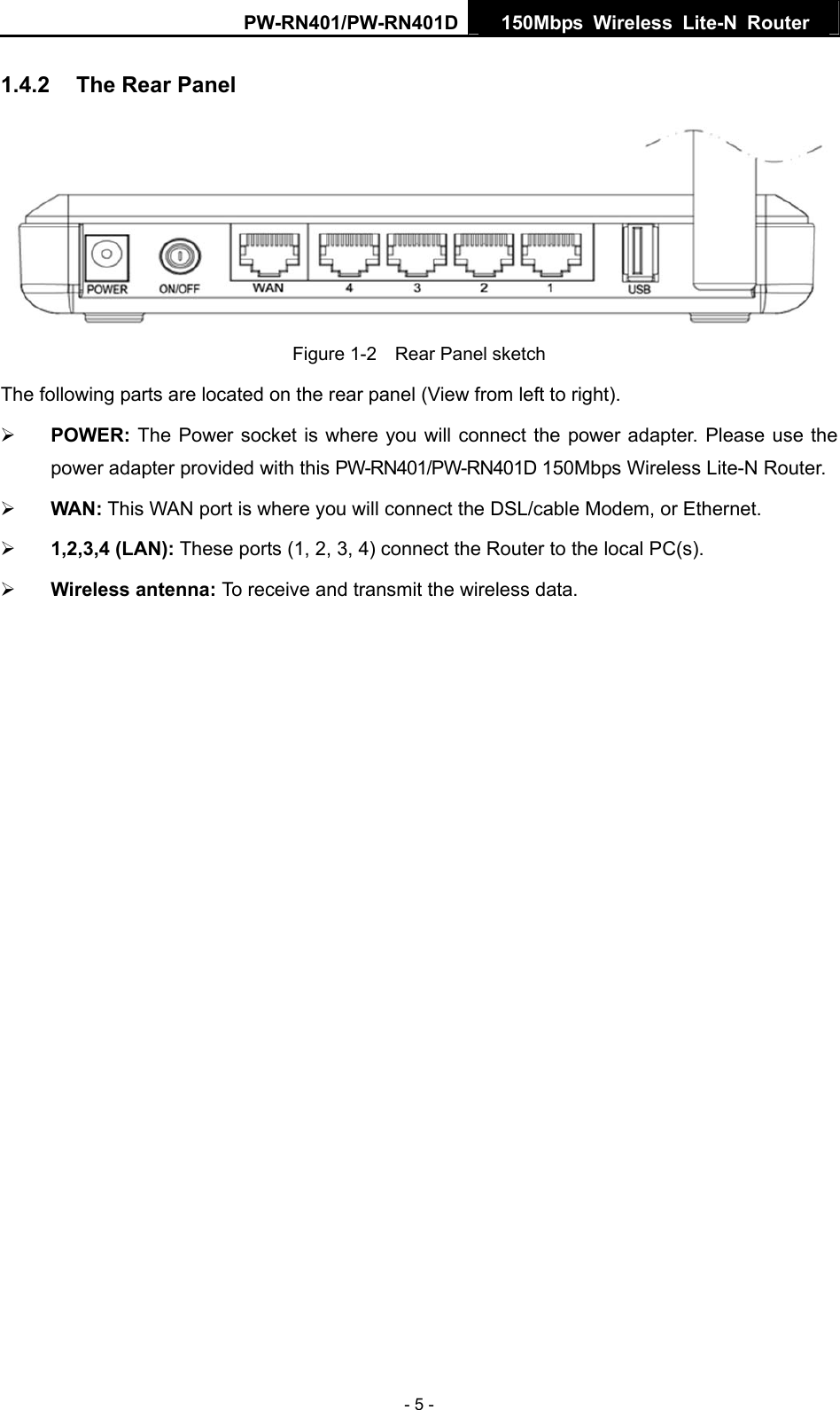 PW-RN401/PW-RN401D  150Mbps Wireless Lite-N Router   1.4.2  The Rear Panel  Figure 1-2    Rear Panel sketch The following parts are located on the rear panel (View from left to right). &frac34; POWER: The Power socket is where you will connect the power adapter. Please use the power adapter provided with this PW-RN401/PW-RN401D 150Mbps Wireless Lite-N Router. &frac34; WAN: This WAN port is where you will connect the DSL/cable Modem, or Ethernet. &frac34; 1,2,3,4 (LAN): These ports (1, 2, 3, 4) connect the Router to the local PC(s). &frac34; Wireless antenna: To receive and transmit the wireless data. - 5 - 