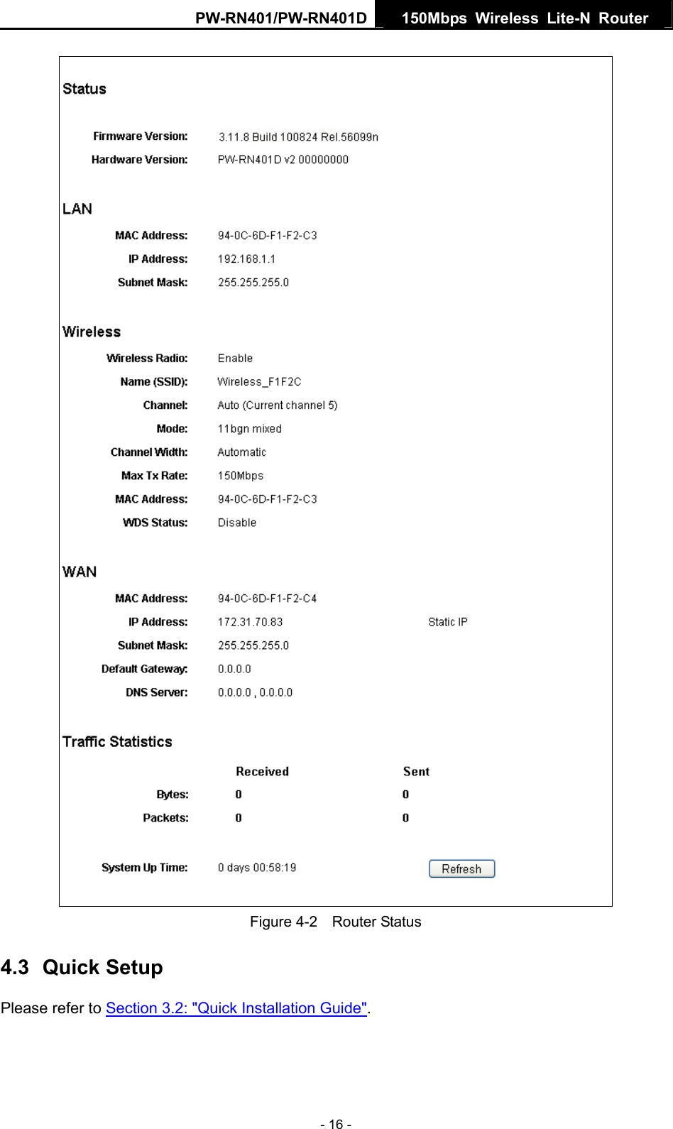 PW-RN401/PW-RN401D  150Mbps Wireless Lite-N Router    Figure 4-2    Router Status 4.3  Quick Setup Please refer to Section 3.2: "Quick Installation Guide". - 16 - 
