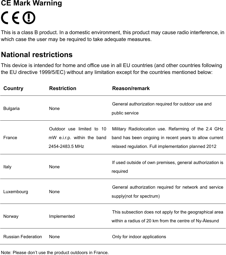  CE Mark Warning  This is a class B product. In a domestic environment, this product may cause radio interference, in which case the user may be required to take adequate measures. National restrictions This device is intended for home and office use in all EU countries (and other countries following the EU directive 1999/5/EC) without any limitation except for the countries mentioned below: Country Restriction  Reason/remark Bulgaria None  General authorization required for outdoor use and public service France Outdoor use limited to 10 mW e.i.r.p. within the band 2454-2483.5 MHz Military Radiolocation use. Refarming of the 2.4 GHz band has been ongoing in recent years to allow current relaxed regulation. Full implementation planned 2012 Italy None  If used outside of own premises, general authorization is required Luxembourg None  General authorization required for network and service supply(not for spectrum) Norway Implemented  This subsection does not apply for the geographical area within a radius of 20 km from the centre of Ny-&Aring;lesund Russian Federation  None  Only for indoor applications Note: Please don&rsquo;t use the product outdoors in France. 