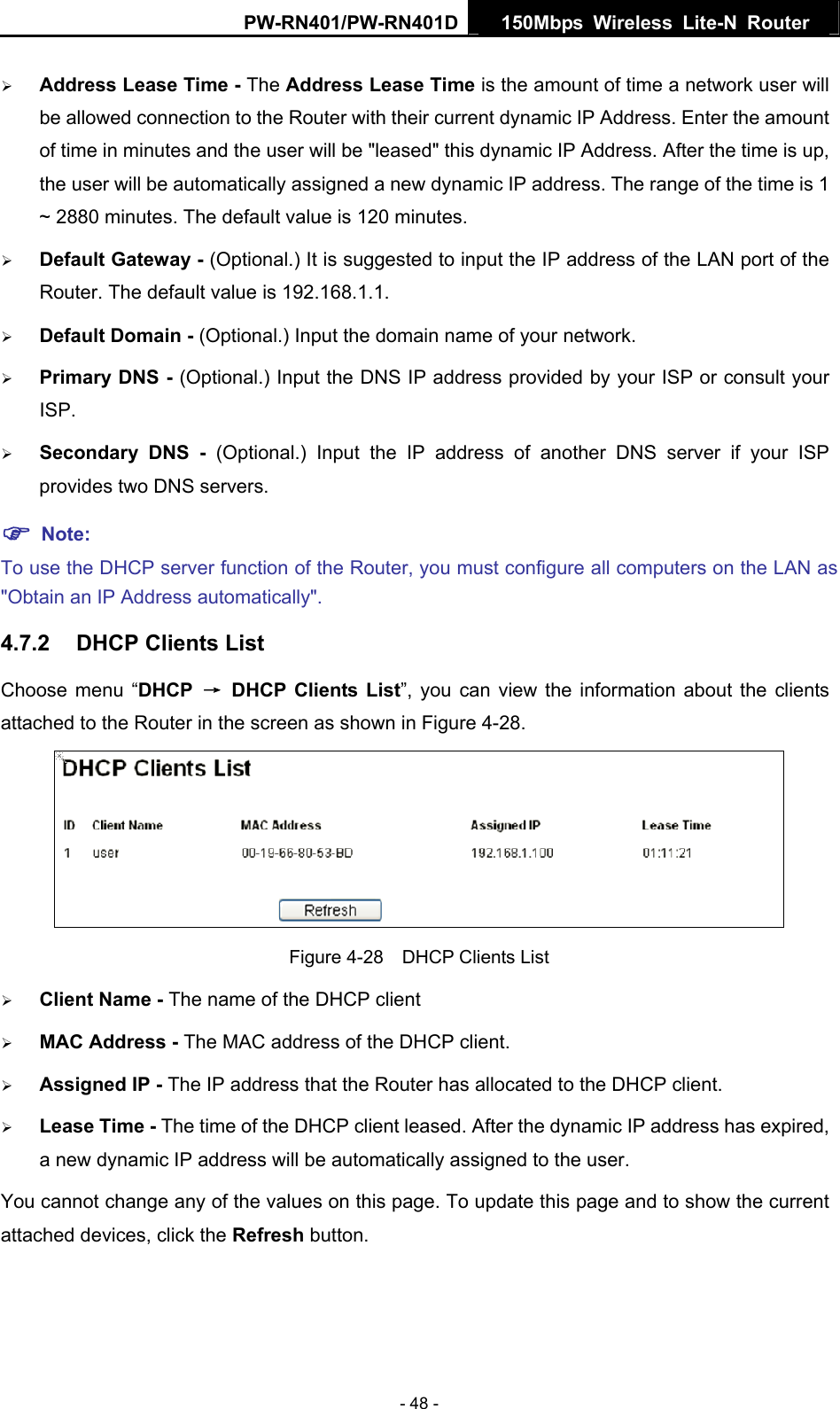 PW-RN401/PW-RN401D  150Mbps Wireless Lite-N Router   &frac34; Address Lease Time - The Address Lease Time is the amount of time a network user will be allowed connection to the Router with their current dynamic IP Address. Enter the amount of time in minutes and the user will be "leased" this dynamic IP Address. After the time is up, the user will be automatically assigned a new dynamic IP address. The range of the time is 1 ~ 2880 minutes. The default value is 120 minutes. &frac34; Default Gateway - (Optional.) It is suggested to input the IP address of the LAN port of the Router. The default value is 192.168.1.1. &frac34; Default Domain - (Optional.) Input the domain name of your network. &frac34; Primary DNS - (Optional.) Input the DNS IP address provided by your ISP or consult your ISP. &frac34; Secondary DNS - (Optional.) Input the IP address of another DNS server if your ISP provides two DNS servers. ) Note: To use the DHCP server function of the Router, you must configure all computers on the LAN as "Obtain an IP Address automatically". 4.7.2  DHCP Clients List Choose menu &ldquo;DHCP  &rarr; DHCP Clients List&rdquo;, you can view the information about the clients attached to the Router in the screen as shown in Figure 4-28.  Figure 4-28    DHCP Clients List &frac34; Client Name - The name of the DHCP client   &frac34; MAC Address - The MAC address of the DHCP client.   &frac34; Assigned IP - The IP address that the Router has allocated to the DHCP client. &frac34; Lease Time - The time of the DHCP client leased. After the dynamic IP address has expired, a new dynamic IP address will be automatically assigned to the user.     You cannot change any of the values on this page. To update this page and to show the current attached devices, click the Refresh button. - 48 - 