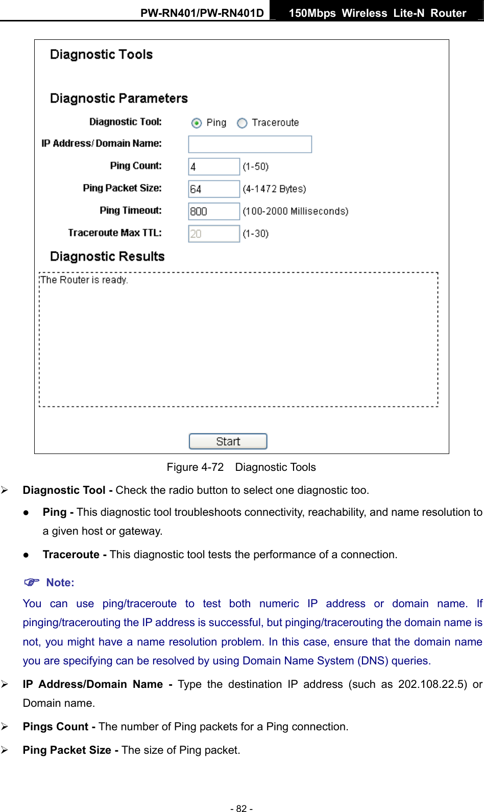 PW-RN401/PW-RN401D  150Mbps Wireless Lite-N Router    Figure 4-72  Diagnostic Tools &frac34; Diagnostic Tool - Check the radio button to select one diagnostic too. z Ping - This diagnostic tool troubleshoots connectivity, reachability, and name resolution to a given host or gateway.   z Traceroute - This diagnostic tool tests the performance of a connection. ) Note: You can use ping/traceroute to test both numeric IP address or domain name. If pinging/tracerouting the IP address is successful, but pinging/tracerouting the domain name is not, you might have a name resolution problem. In this case, ensure that the domain name you are specifying can be resolved by using Domain Name System (DNS) queries. &frac34; IP Address/Domain Name - Type the destination IP address (such as 202.108.22.5) or Domain name. &frac34; Pings Count - The number of Ping packets for a Ping connection.   &frac34; Ping Packet Size - The size of Ping packet. - 82 - 