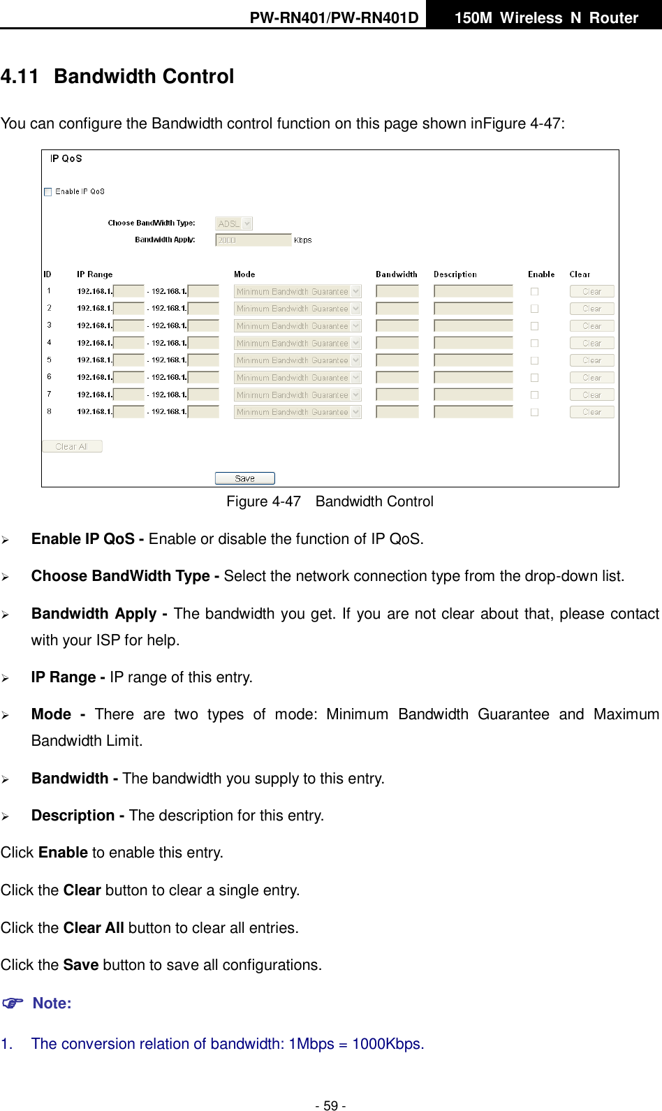 PW-RN401/PW-RN401D   150M  Wireless  N  Router    - 59 - 4.11  Bandwidth Control You can configure the Bandwidth control function on this page shown inFigure 4-47:  Figure 4-47  Bandwidth Control  Enable IP QoS - Enable or disable the function of IP QoS.  Choose BandWidth Type - Select the network connection type from the drop-down list.  Bandwidth Apply - The bandwidth you get. If you are not clear about that, please contact with your ISP for help.  IP Range - IP range of this entry.  Mode  -  There  are  two  types  of  mode:  Minimum  Bandwidth  Guarantee  and  Maximum Bandwidth Limit.  Bandwidth - The bandwidth you supply to this entry.  Description - The description for this entry. Click Enable to enable this entry. Click the Clear button to clear a single entry. Click the Clear All button to clear all entries. Click the Save button to save all configurations.  Note: 1.  The conversion relation of bandwidth: 1Mbps = 1000Kbps.   