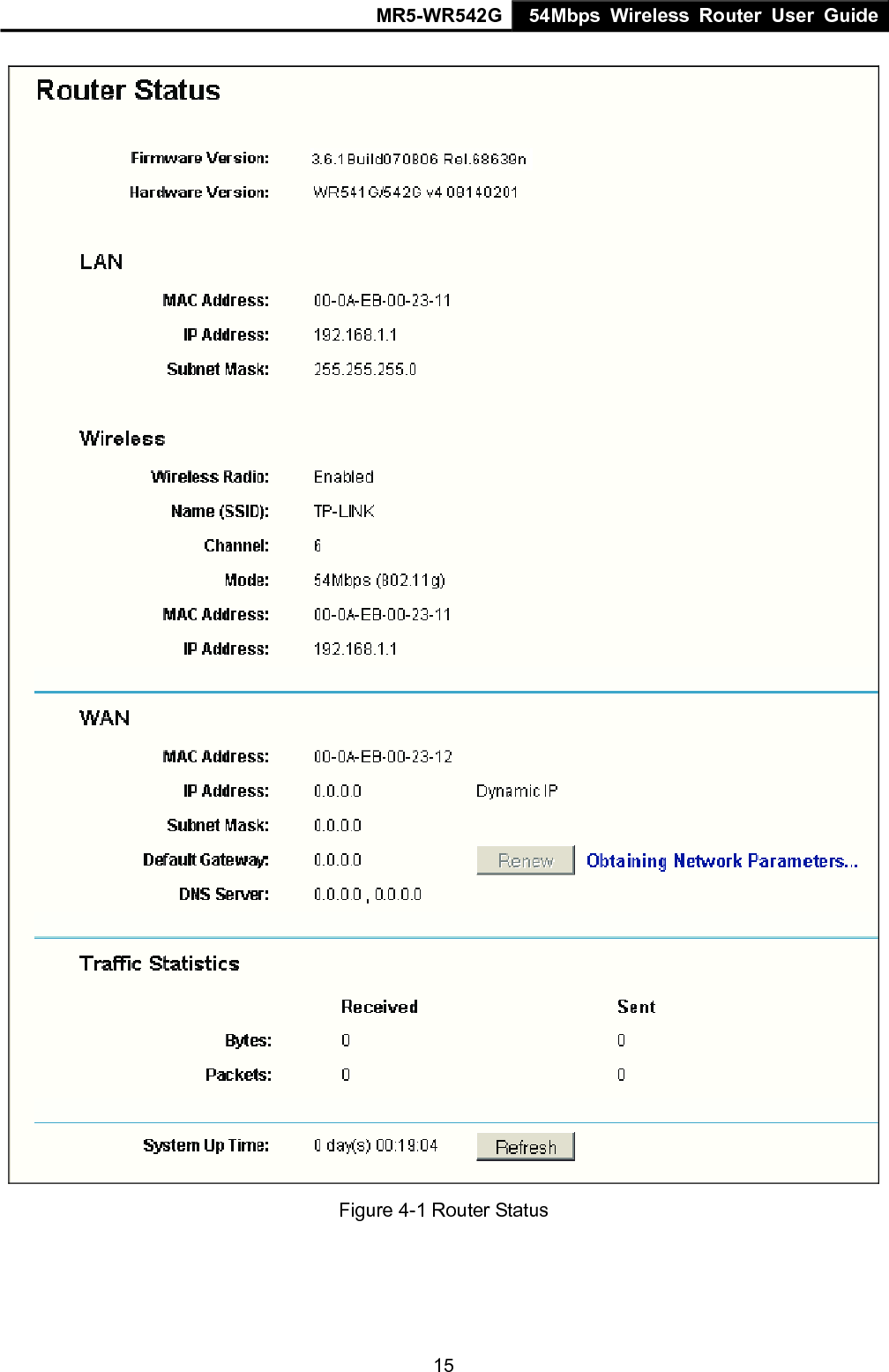 MR5-WR542G 54Mbps Wireless Router User Guide  15 Figure 4-1 Router Status 