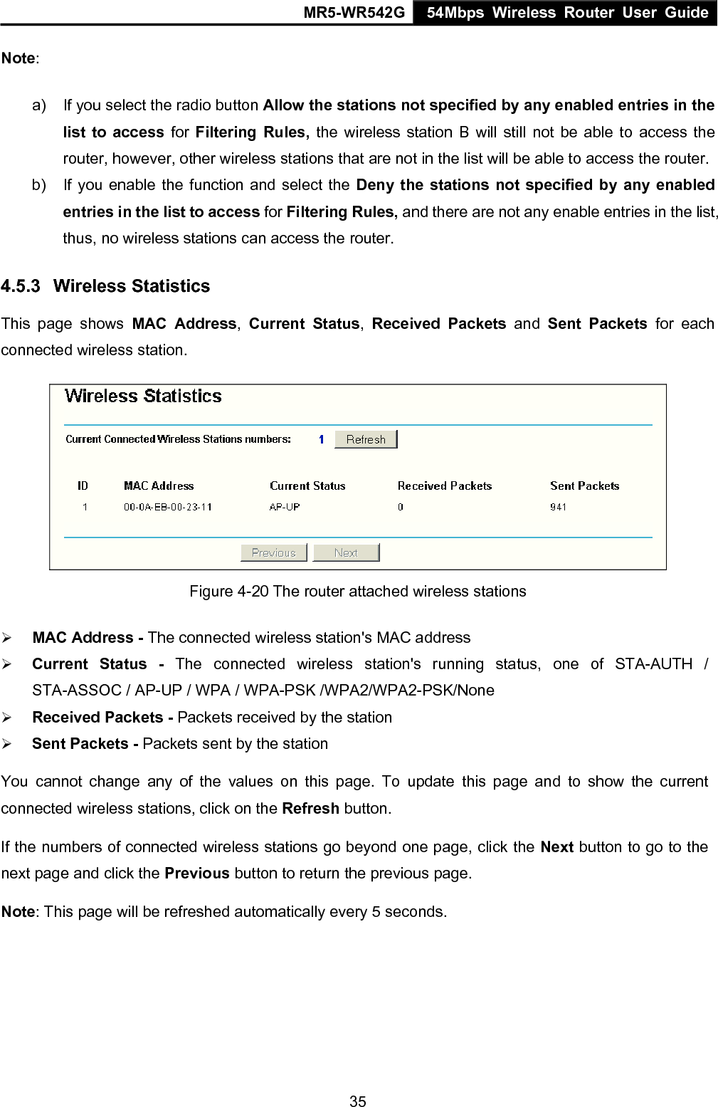 MR5-WR542G 54Mbps Wireless Router User Guide  35Note:  a)  If you select the radio button Allow the stations not specified by any enabled entries in the list to access for Filtering Rules, the wireless station B will still not be able to access the router, however, other wireless stations that are not in the list will be able to access the router. b)  If you enable the function and select the Deny the stations not specified by any enabled entries in the list to access for Filtering Rules, and there are not any enable entries in the list, thus, no wireless stations can access the router. 4.5.3  Wireless Statistics This page shows MAC Address,  Current Status,  Received Packets and Sent Packets for each connected wireless station.  Figure 4-20 The router attached wireless stations &frac34; MAC Address - The connected wireless station's MAC address &frac34; Current Status - The connected wireless station's running status, one of STA-AUTH / STA-ASSOC / AP-UP / WPA / WPA-PSK /WPA2/WPA2-PSK/None &frac34; Received Packets - Packets received by the station &frac34; Sent Packets - Packets sent by the station You cannot change any of the values on this page. To update this page and to show the current connected wireless stations, click on the Refresh button.   If the numbers of connected wireless stations go beyond one page, click the Next button to go to the next page and click the Previous button to return the previous page. Note: This page will be refreshed automatically every 5 seconds. 