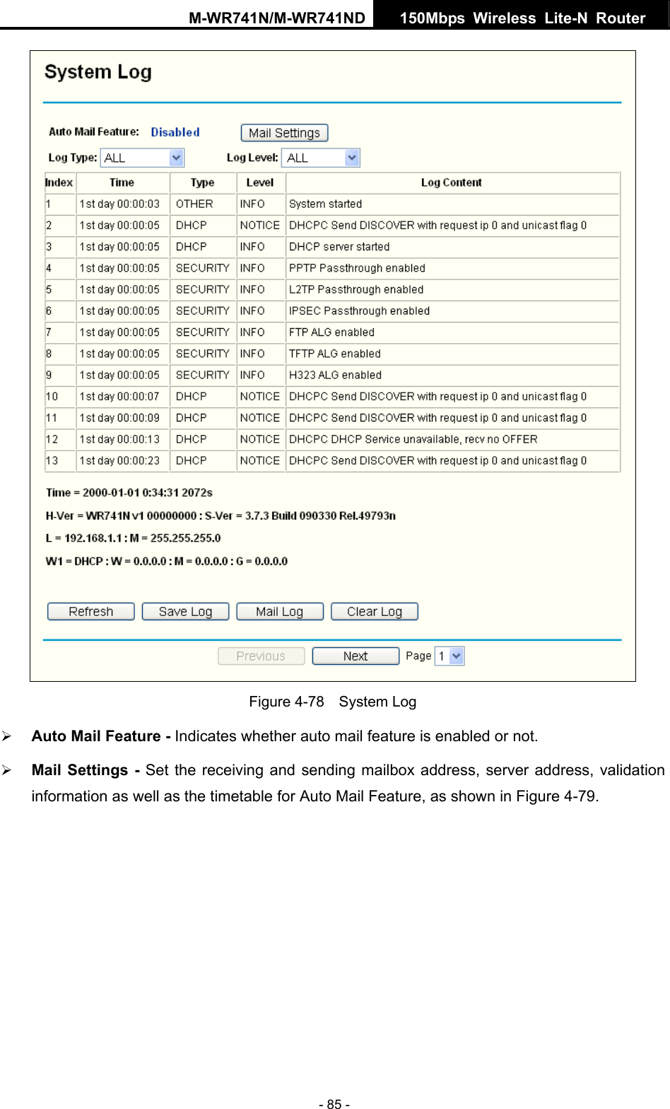M-WR741N/M-WR741ND  150Mbps Wireless Lite-N Router   - 85 -  Figure 4-78  System Log &frac34; Auto Mail Feature - Indicates whether auto mail feature is enabled or not.   &frac34; Mail Settings - Set the receiving and sending mailbox address, server address, validation information as well as the timetable for Auto Mail Feature, as shown in Figure 4-79. 