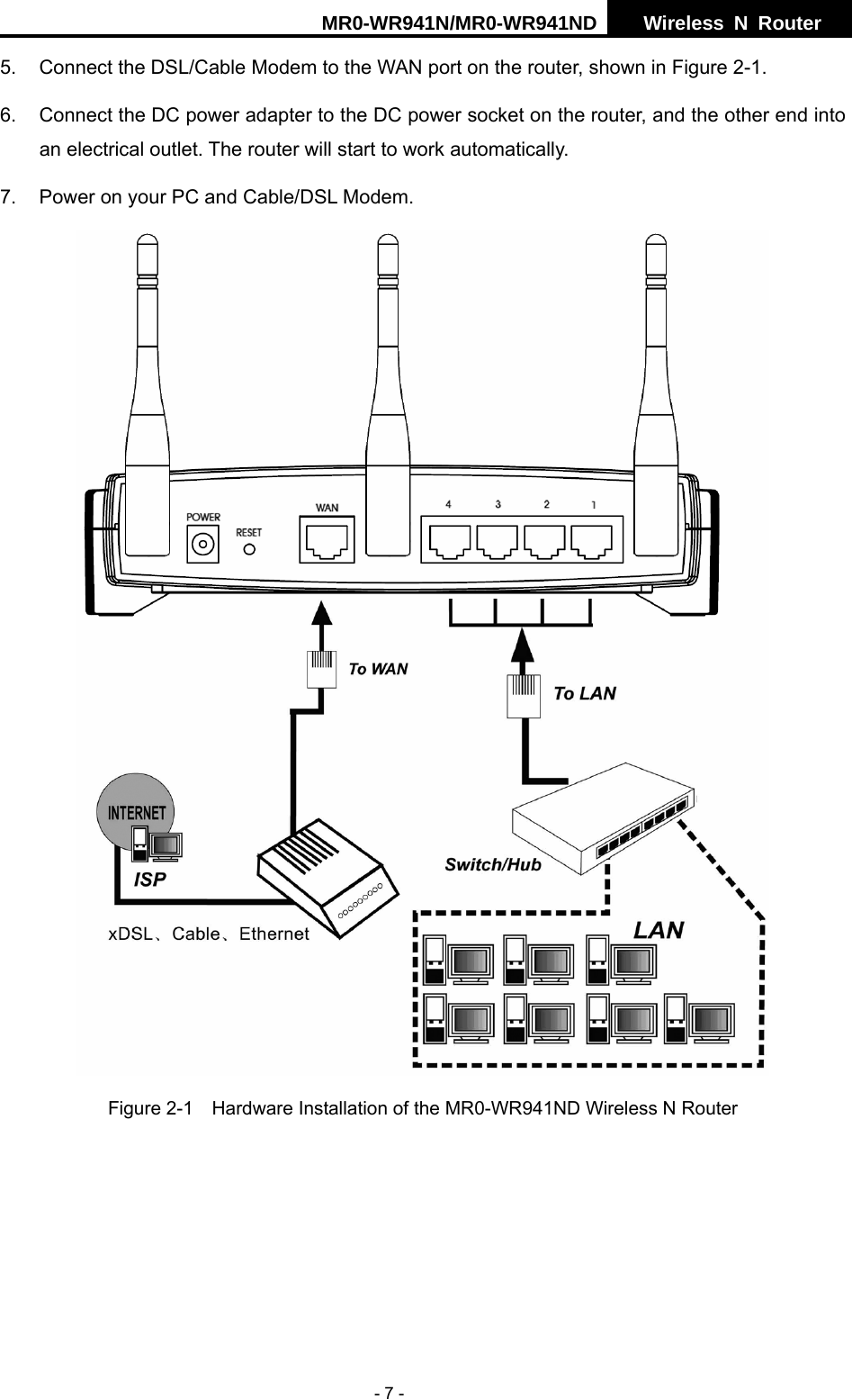 MR0-WR941N/MR0-WR941ND  Wireless N Router     - 7 - 5. Connect the DSL/Cable Modem to the WAN port on the router, shown in Figure 2-1. 6.  Connect the DC power adapter to the DC power socket on the router, and the other end into an electrical outlet. The router will start to work automatically. 7.  Power on your PC and Cable/DSL Modem.  Figure 2-1    Hardware Installation of the MR0-WR941ND Wireless N Router  