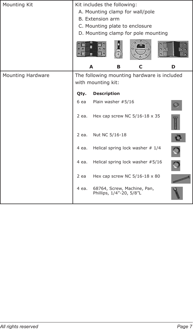 All rights reserved  Page 7Mounting Kit Kit includes the following:   A. Mounting clamp for wall/pole   B. Extension arm   C. Mounting plate to enclosure   D. Mounting clamp for pole mounting   A  B  C  DMounting Hardware The following mounting hardware is included with mounting kit:Qty. Description6 ea Plain washer #5/162 ea. Hex cap screw NC 5/16-18 x 352 ea. Nut NC 5/16-184 ea. Helical spring lock washer # 1/44 ea. Helical spring lock washer #5/162 ea Hex cap screw NC 5/16-18 x 804 ea. 68764, Screw, Machine, Pan, Phillips, 1/4”-20, 5/8”L