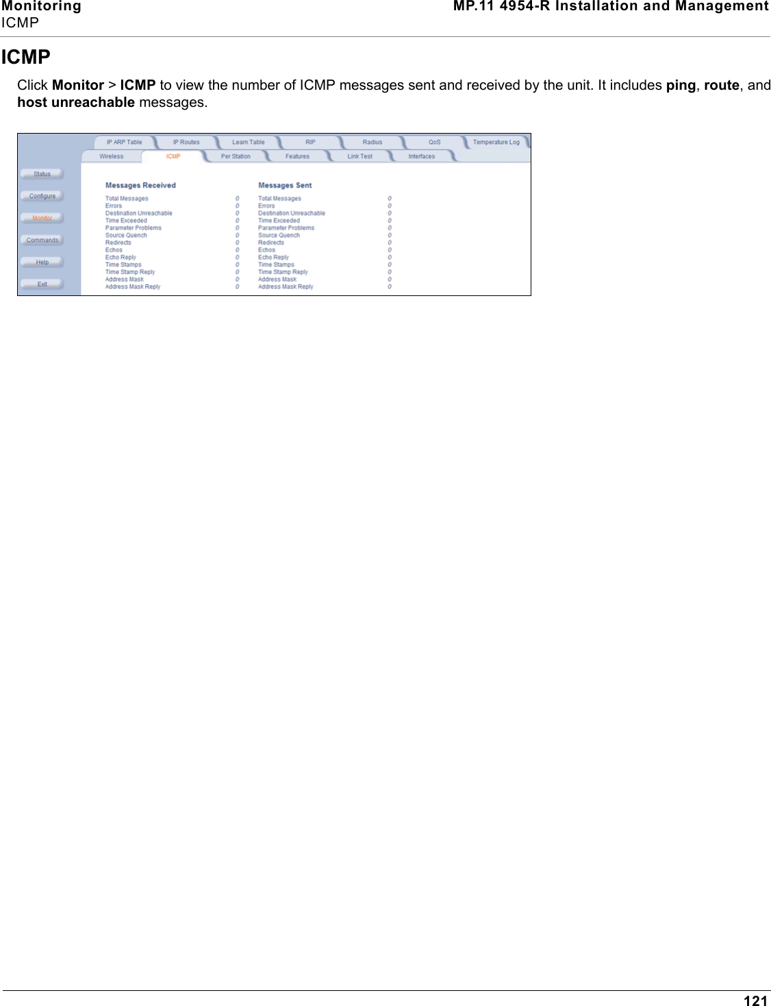 Monitoring MP.11 4954-R Installation and ManagementICMP121ICMPClick Monitor &gt; ICMP to view the number of ICMP messages sent and received by the unit. It includes ping, route, and host unreachable messages.