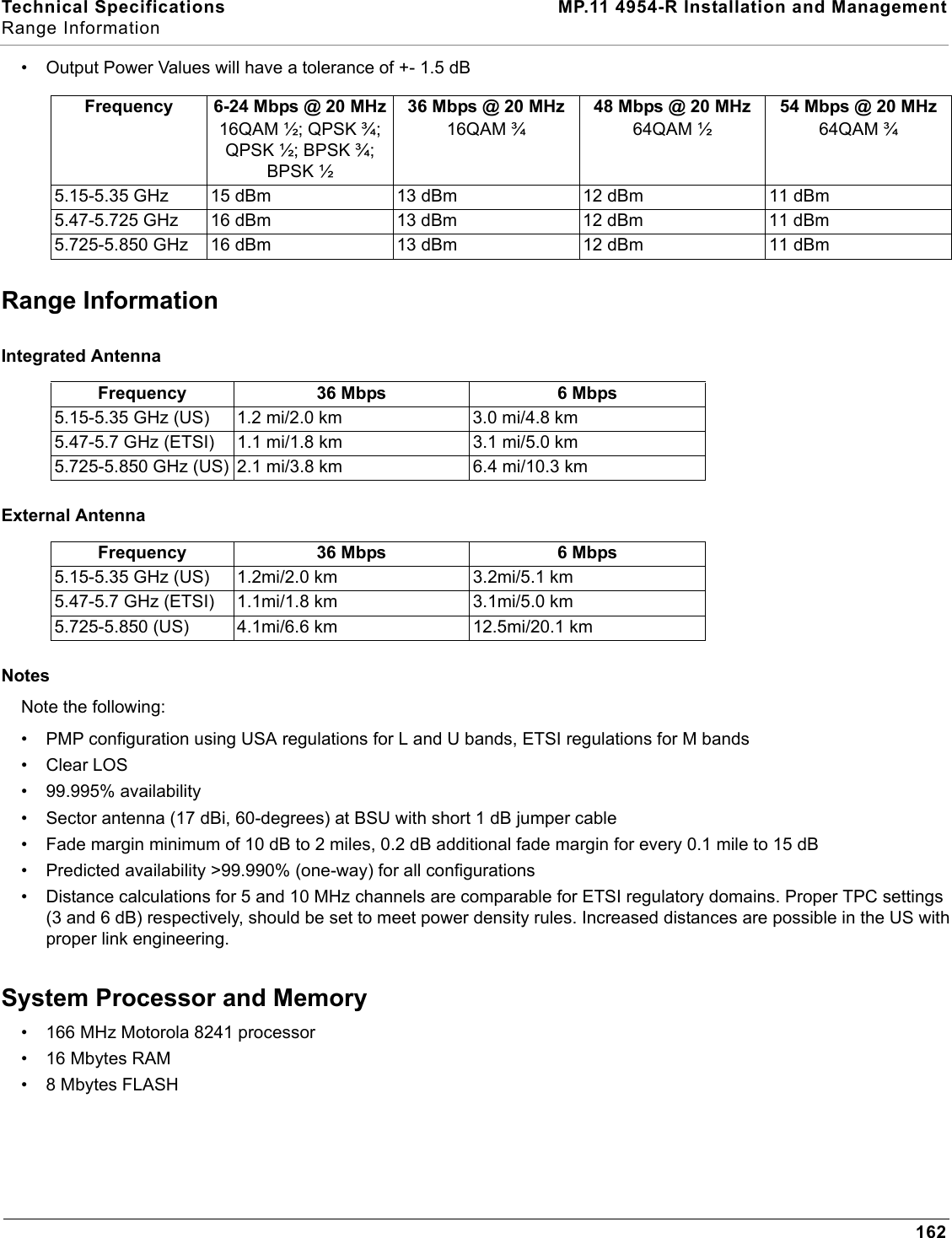 Technical Specifications MP.11 4954-R Installation and ManagementRange Information162• Output Power Values will have a tolerance of +- 1.5 dBRange InformationIntegrated AntennaExternal AntennaNotesNote the following:• PMP configuration using USA regulations for L and U bands, ETSI regulations for M bands• Clear LOS• 99.995% availability• Sector antenna (17 dBi, 60-degrees) at BSU with short 1 dB jumper cable• Fade margin minimum of 10 dB to 2 miles, 0.2 dB additional fade margin for every 0.1 mile to 15 dB• Predicted availability &gt;99.990% (one-way) for all configurations• Distance calculations for 5 and 10 MHz channels are comparable for ETSI regulatory domains. Proper TPC settings (3 and 6 dB) respectively, should be set to meet power density rules. Increased distances are possible in the US with proper link engineering. System Processor and Memory• 166 MHz Motorola 8241 processor• 16 Mbytes RAM • 8 Mbytes FLASHFrequency 6-24 Mbps @ 20 MHz16QAM ½; QPSK ¾;QPSK ½; BPSK ¾;BPSK ½36 Mbps @ 20 MHz16QAM ¾48 Mbps @ 20 MHz64QAM ½54 Mbps @ 20 MHz64QAM ¾5.15-5.35 GHz 15 dBm 13 dBm 12 dBm 11 dBm5.47-5.725 GHz 16 dBm 13 dBm 12 dBm 11 dBm5.725-5.850 GHz 16 dBm 13 dBm 12 dBm 11 dBmFrequency 36 Mbps  6 Mbps5.15-5.35 GHz (US) 1.2 mi/2.0 km 3.0 mi/4.8 km5.47-5.7 GHz (ETSI) 1.1 mi/1.8 km 3.1 mi/5.0 km5.725-5.850 GHz (US) 2.1 mi/3.8 km 6.4 mi/10.3 kmFrequency 36 Mbps  6 Mbps5.15-5.35 GHz (US) 1.2mi/2.0 km 3.2mi/5.1 km5.47-5.7 GHz (ETSI) 1.1mi/1.8 km 3.1mi/5.0 km5.725-5.850 (US) 4.1mi/6.6 km 12.5mi/20.1 km