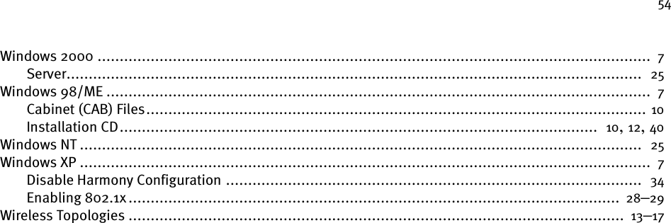 54Windows 2000 .............................................................................................................................  7Server..................................................................................................................................  25Windows 98/ME ...........................................................................................................................  7Cabinet (CAB) Files................................................................................................................. 10Installation CD............................................................................................................  10, 12, 40Windows NT ...............................................................................................................................  25Windows XP .................................................................................................................................  7Disable Harmony Configuration ..............................................................................................  34Enabling 802.1x ...............................................................................................................  28–29Wireless Topologies ................................................................................................................  13–17