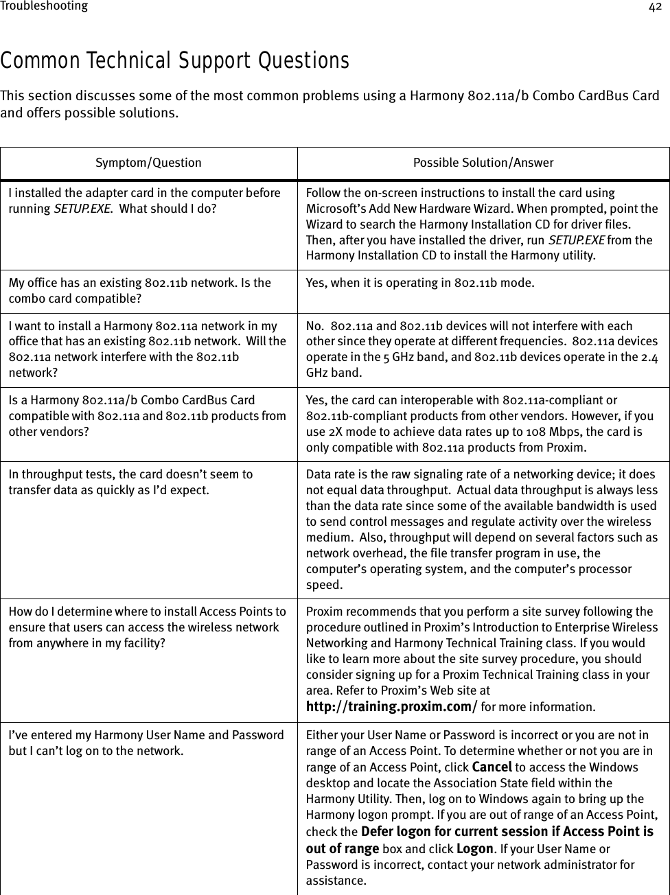 Troubleshooting 42Common Technical Support QuestionsThis section discusses some of the most common problems using a Harmony 802.11a/b Combo CardBus Card and offers possible solutions.Symptom/Question Possible Solution/AnswerI installed the adapter card in the computer before running SETUP.EXE.  What should I do?Follow the on-screen instructions to install the card using Microsoft’s Add New Hardware Wizard. When prompted, point the Wizard to search the Harmony Installation CD for driver files. Then, after you have installed the driver, run SETUP.EXE from the Harmony Installation CD to install the Harmony utility.My office has an existing 802.11b network. Is the combo card compatible?Yes, when it is operating in 802.11b mode.I want to install a Harmony 802.11a network in my office that has an existing 802.11b network.  Will the 802.11a network interfere with the 802.11b network?No.  802.11a and 802.11b devices will not interfere with each other since they operate at different frequencies.  802.11a devices operate in the 5 GHz band, and 802.11b devices operate in the 2.4 GHz band.Is a Harmony 802.11a/b Combo CardBus Card compatible with 802.11a and 802.11b products from other vendors?Yes, the card can interoperable with 802.11a-compliant or 802.11b-compliant products from other vendors. However, if you use 2X mode to achieve data rates up to 108 Mbps, the card is only compatible with 802.11a products from Proxim.In throughput tests, the card doesn’t seem to transfer data as quickly as I’d expect.Data rate is the raw signaling rate of a networking device; it does not equal data throughput.  Actual data throughput is always less than the data rate since some of the available bandwidth is used to send control messages and regulate activity over the wireless medium.  Also, throughput will depend on several factors such as network overhead, the file transfer program in use, the computer’s operating system, and the computer’s processor speed.How do I determine where to install Access Points to ensure that users can access the wireless network from anywhere in my facility?Proxim recommends that you perform a site survey following the procedure outlined in Proxim’s Introduction to Enterprise Wireless Networking and Harmony Technical Training class. If you would like to learn more about the site survey procedure, you should consider signing up for a Proxim Technical Training class in your area. Refer to Proxim’s Web site at http://training.proxim.com/ for more information.I’ve entered my Harmony User Name and Password but I can’t log on to the network.Either your User Name or Password is incorrect or you are not in range of an Access Point. To determine whether or not you are in range of an Access Point, click Cancel to access the Windows desktop and locate the Association State field within the Harmony Utility. Then, log on to Windows again to bring up the Harmony logon prompt. If you are out of range of an Access Point, check the Defer logon for current session if Access Point is out of range box and click Logon. If your User Name or Password is incorrect, contact your network administrator for assistance.