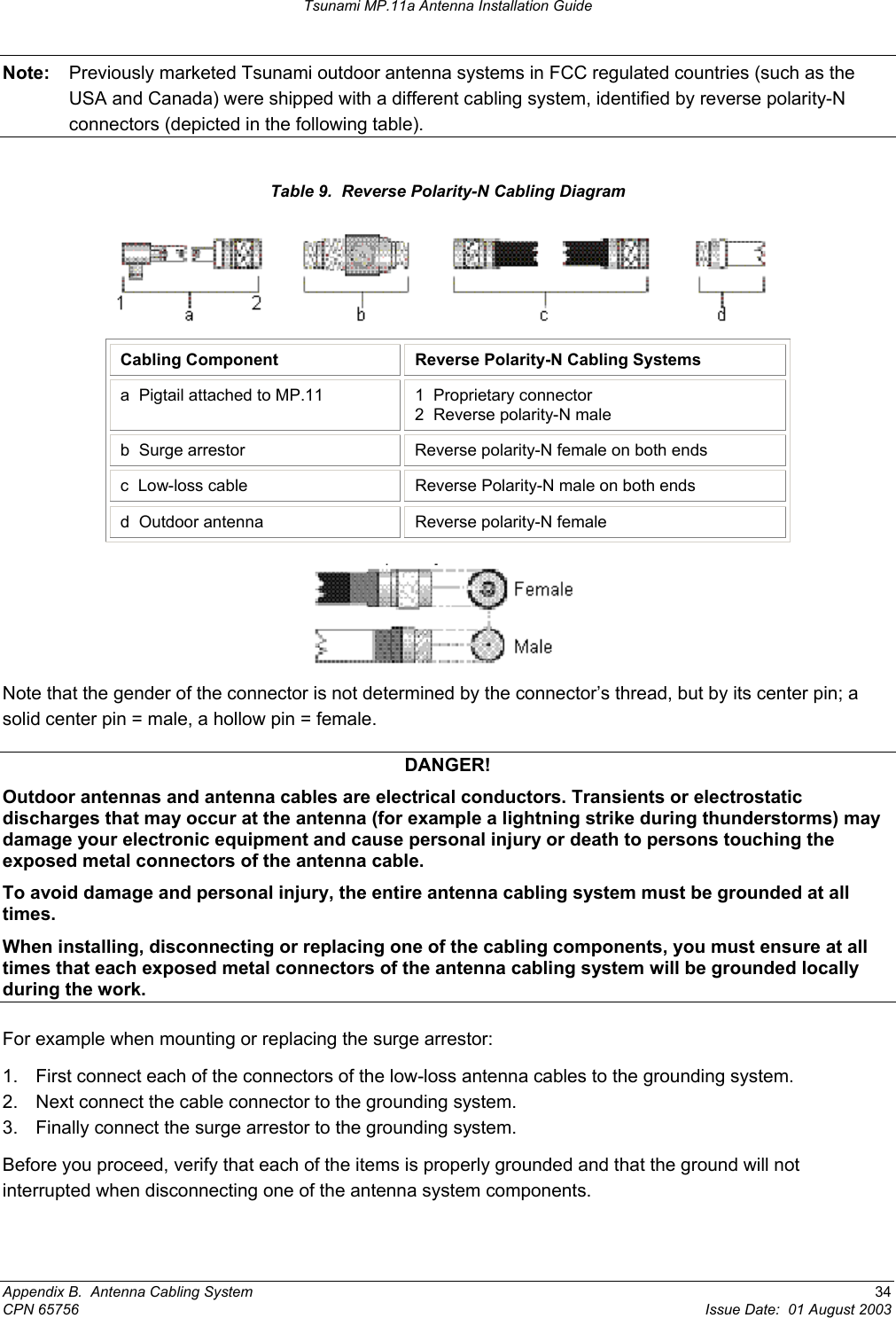 Tsunami MP.11a Antenna Installation Guide Note:  Previously marketed Tsunami outdoor antenna systems in FCC regulated countries (such as the USA and Canada) were shipped with a different cabling system, identified by reverse polarity-N connectors (depicted in the following table). Table 9.  Reverse Polarity-N Cabling Diagram  Cabling Component  Reverse Polarity-N Cabling Systems a  Pigtail attached to MP.11  1  Proprietary connector 2  Reverse polarity-N male b  Surge arrestor  Reverse polarity-N female on both ends c  Low-loss cable  Reverse Polarity-N male on both ends d  Outdoor antenna  Reverse polarity-N female  Note that the gender of the connector is not determined by the connector’s thread, but by its center pin; a solid center pin = male, a hollow pin = female. DANGER! Outdoor antennas and antenna cables are electrical conductors. Transients or electrostatic discharges that may occur at the antenna (for example a lightning strike during thunderstorms) may damage your electronic equipment and cause personal injury or death to persons touching the exposed metal connectors of the antenna cable. To avoid damage and personal injury, the entire antenna cabling system must be grounded at all times. When installing, disconnecting or replacing one of the cabling components, you must ensure at all times that each exposed metal connectors of the antenna cabling system will be grounded locally during the work. For example when mounting or replacing the surge arrestor: 1.  First connect each of the connectors of the low-loss antenna cables to the grounding system. 2.  Next connect the cable connector to the grounding system. 3.  Finally connect the surge arrestor to the grounding system. Before you proceed, verify that each of the items is properly grounded and that the ground will not interrupted when disconnecting one of the antenna system components. Appendix B.  Antenna Cabling System  34 CPN 65756  Issue Date:  01 August 2003 