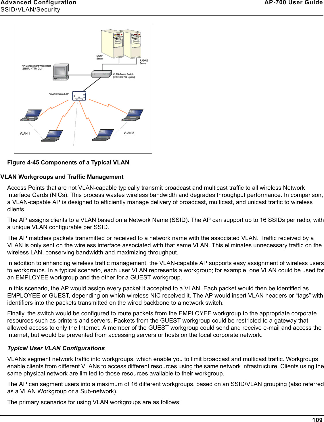 Advanced Configuration AP-700 User GuideSSID/VLAN/Security109Figure 4-45 Components of a Typical VLANVLAN Workgroups and Traffic ManagementAccess Points that are not VLAN-capable typically transmit broadcast and multicast traffic to all wireless Network Interface Cards (NICs). This process wastes wireless bandwidth and degrades throughput performance. In comparison, a VLAN-capable AP is designed to efficiently manage delivery of broadcast, multicast, and unicast traffic to wireless clients. The AP assigns clients to a VLAN based on a Network Name (SSID). The AP can support up to 16 SSIDs per radio, with a unique VLAN configurable per SSID.The AP matches packets transmitted or received to a network name with the associated VLAN. Traffic received by a VLAN is only sent on the wireless interface associated with that same VLAN. This eliminates unnecessary traffic on the wireless LAN, conserving bandwidth and maximizing throughput.In addition to enhancing wireless traffic management, the VLAN-capable AP supports easy assignment of wireless users to workgroups. In a typical scenario, each user VLAN represents a workgroup; for example, one VLAN could be used for an EMPLOYEE workgroup and the other for a GUEST workgroup. In this scenario, the AP would assign every packet it accepted to a VLAN. Each packet would then be identified as EMPLOYEE or GUEST, depending on which wireless NIC received it. The AP would insert VLAN headers or “tags” with identifiers into the packets transmitted on the wired backbone to a network switch. Finally, the switch would be configured to route packets from the EMPLOYEE workgroup to the appropriate corporate resources such as printers and servers. Packets from the GUEST workgroup could be restricted to a gateway that allowed access to only the Internet. A member of the GUEST workgroup could send and receive e-mail and access the Internet, but would be prevented from accessing servers or hosts on the local corporate network.Typical User VLAN ConfigurationsVLANs segment network traffic into workgroups, which enable you to limit broadcast and multicast traffic. Workgroups enable clients from different VLANs to access different resources using the same network infrastructure. Clients using the same physical network are limited to those resources available to their workgroup. The AP can segment users into a maximum of 16 different workgroups, based on an SSID/VLAN grouping (also referred as a VLAN Workgroup or a Sub-network).The primary scenarios for using VLAN workgroups are as follows: