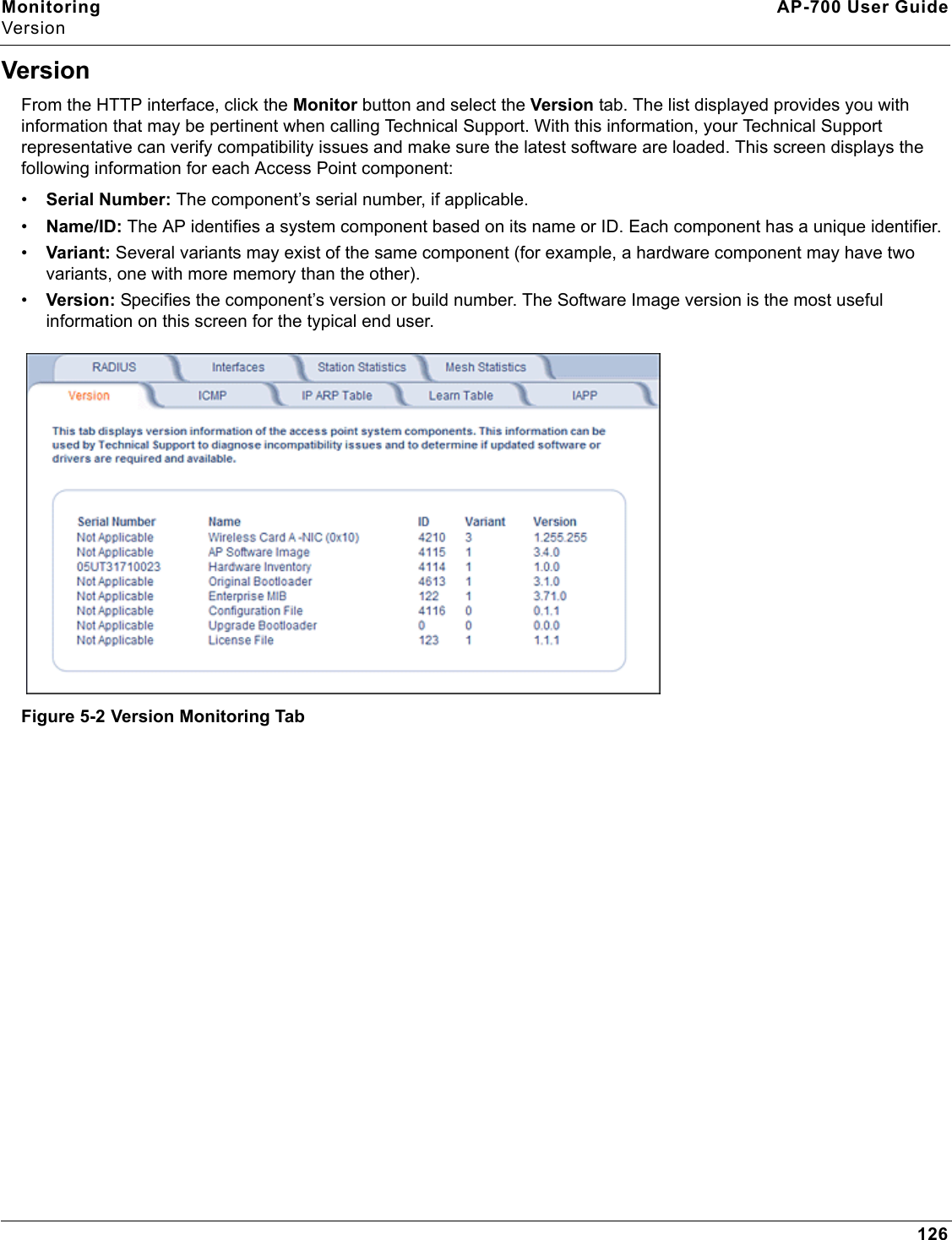 Monitoring AP-700 User GuideVersion126VersionFrom the HTTP interface, click the Monitor button and select the Version tab. The list displayed provides you with information that may be pertinent when calling Technical Support. With this information, your Technical Support representative can verify compatibility issues and make sure the latest software are loaded. This screen displays the following information for each Access Point component:•Serial Number: The component’s serial number, if applicable.•Name/ID: The AP identifies a system component based on its name or ID. Each component has a unique identifier.•Variant: Several variants may exist of the same component (for example, a hardware component may have two variants, one with more memory than the other).•Version: Specifies the component’s version or build number. The Software Image version is the most useful information on this screen for the typical end user.Figure 5-2 Version Monitoring Tab