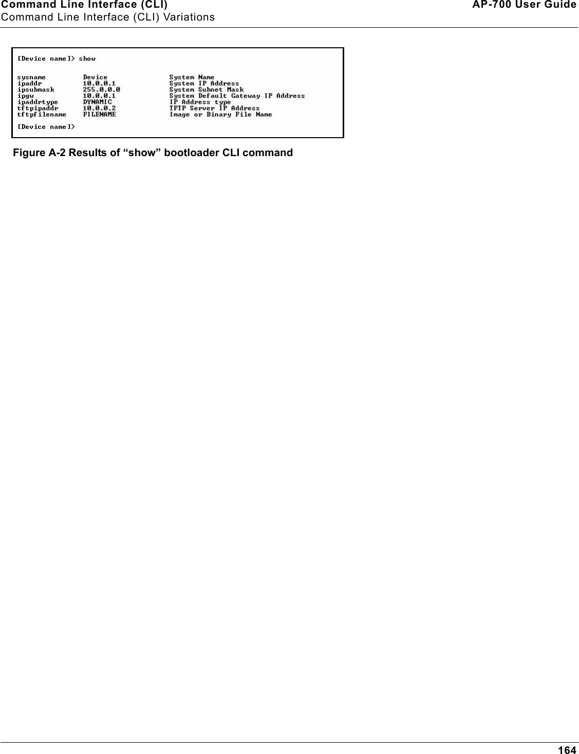 Command Line Interface (CLI) AP-700 User GuideCommand Line Interface (CLI) Variations164Figure A-2 Results of “show” bootloader CLI command