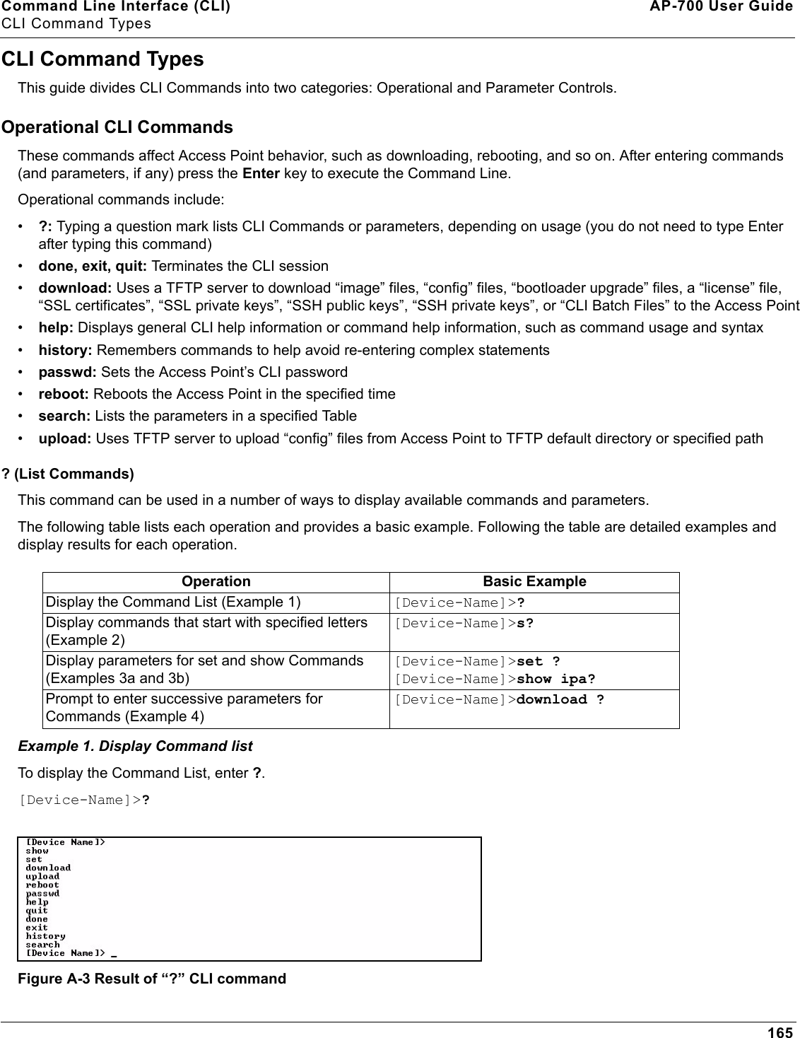 Command Line Interface (CLI) AP-700 User GuideCLI Command Types165CLI Command TypesThis guide divides CLI Commands into two categories: Operational and Parameter Controls.Operational CLI CommandsThese commands affect Access Point behavior, such as downloading, rebooting, and so on. After entering commands (and parameters, if any) press the Enter key to execute the Command Line.Operational commands include:•?: Typing a question mark lists CLI Commands or parameters, depending on usage (you do not need to type Enter after typing this command)•done, exit, quit: Terminates the CLI session•download: Uses a TFTP server to download “image” files, “config” files, “bootloader upgrade” files, a “license” file, “SSL certificates”, “SSL private keys”, “SSH public keys”, “SSH private keys”, or “CLI Batch Files” to the Access Point•help: Displays general CLI help information or command help information, such as command usage and syntax•history: Remembers commands to help avoid re-entering complex statements•passwd: Sets the Access Point’s CLI password•reboot: Reboots the Access Point in the specified time•search: Lists the parameters in a specified Table•upload: Uses TFTP server to upload “config” files from Access Point to TFTP default directory or specified path? (List Commands) This command can be used in a number of ways to display available commands and parameters.The following table lists each operation and provides a basic example. Following the table are detailed examples and display results for each operation. Example 1. Display Command listTo display the Command List, enter ?.[Device-Name]&gt;?Figure A-3 Result of “?” CLI commandOperation Basic ExampleDisplay the Command List (Example 1) [Device-Name]&gt;?Display commands that start with specified letters (Example 2)[Device-Name]&gt;s?Display parameters for set and show Commands (Examples 3a and 3b)[Device-Name]&gt;set ?[Device-Name]&gt;show ipa?Prompt to enter successive parameters for Commands (Example 4)[Device-Name]&gt;download ?