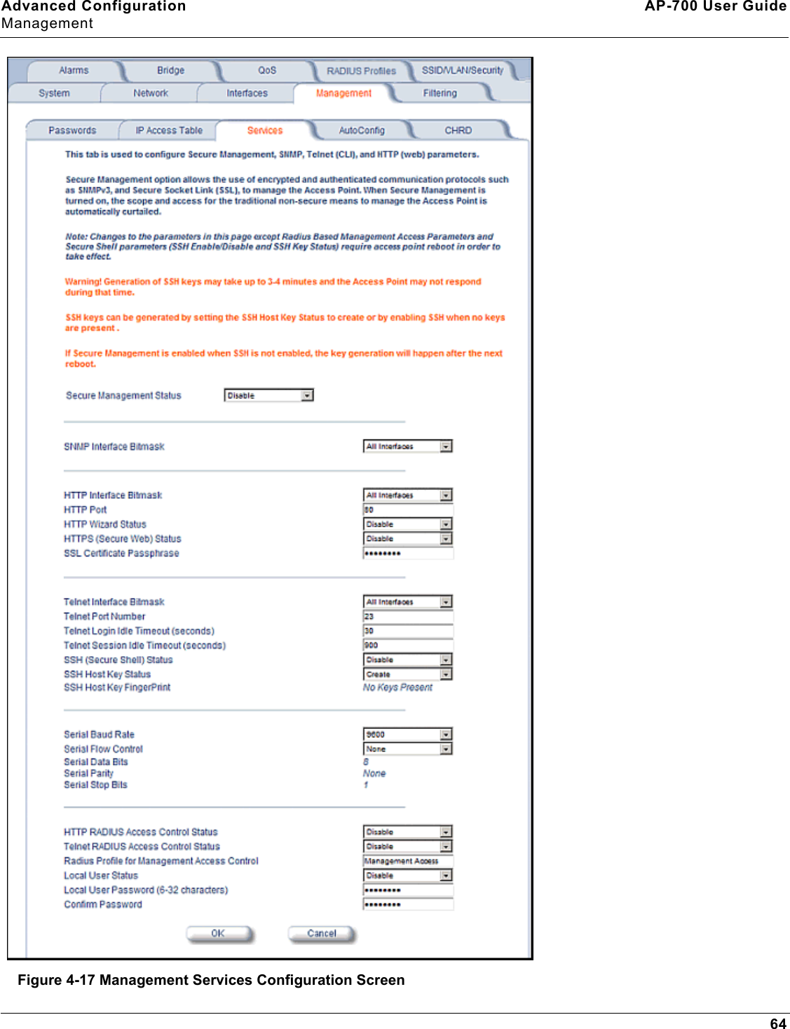 Advanced Configuration AP-700 User GuideManagement64Figure 4-17 Management Services Configuration Screen