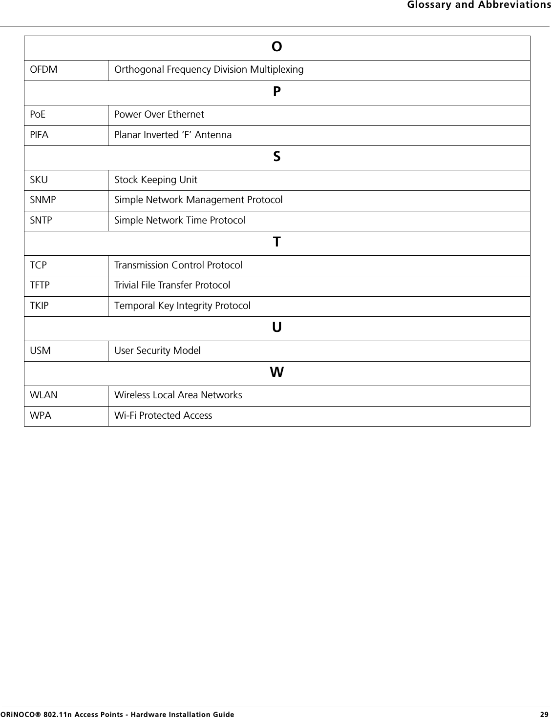 Glossary and AbbreviationsORiNOCO® 802.11n Access Points - Hardware Installation Guide  29OOFDM Orthogonal Frequency Division MultiplexingPPoE Power Over EthernetPIFA Planar Inverted ‘F’ AntennaSSKU Stock Keeping UnitSNMP Simple Network Management ProtocolSNTP Simple Network Time ProtocolTTCP Transmission Control ProtocolTFTP Trivial File Transfer ProtocolTKIP Temporal Key Integrity ProtocolUUSM User Security ModelWWLAN Wireless Local Area NetworksWPA Wi-Fi Protected Access