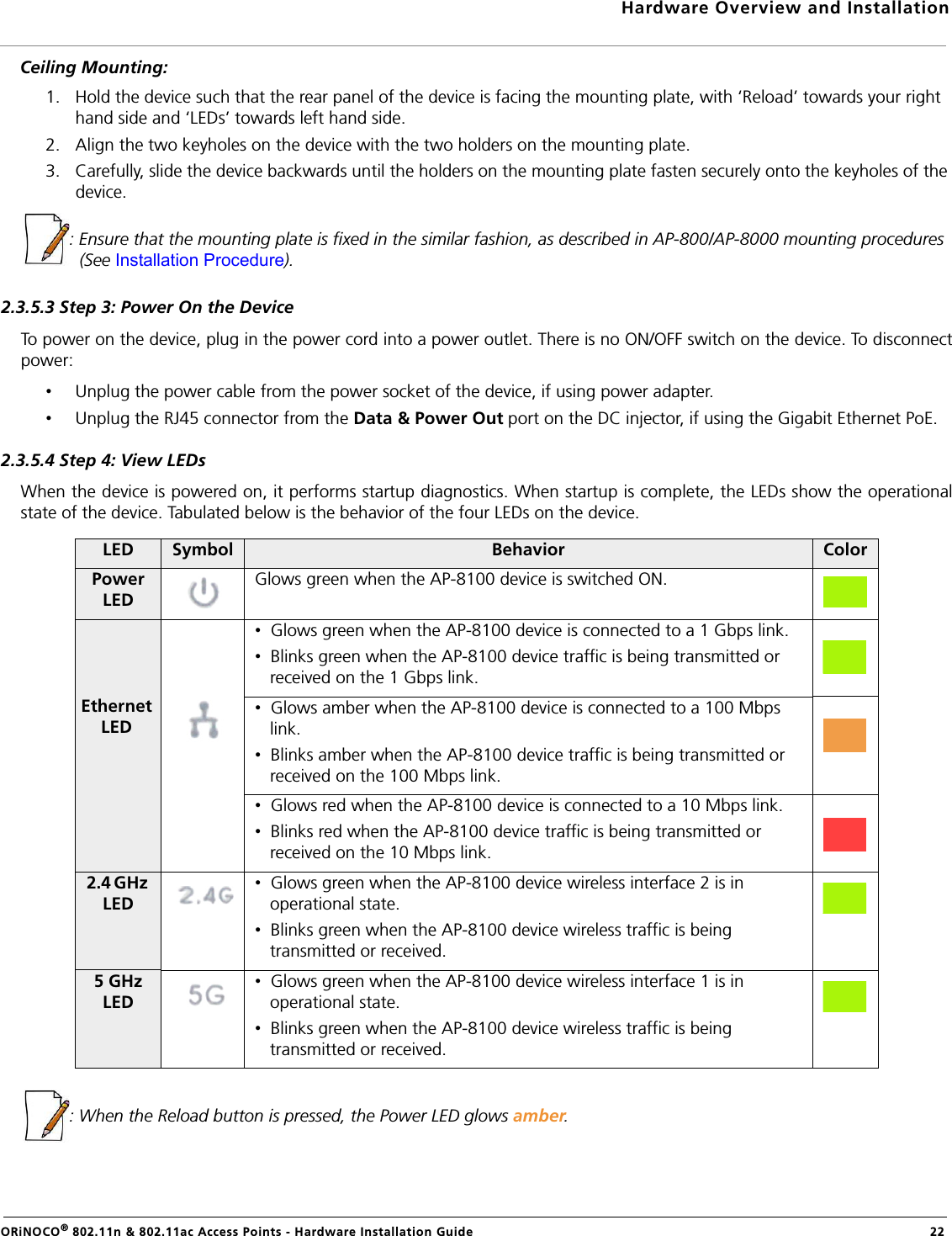 Hardware Overview and InstallationORiNOCO® 802.11n &amp; 802.11ac Access Points - Hardware Installation Guide  22Ceiling Mounting:1. Hold the device such that the rear panel of the device is facing the mounting plate, with ‘Reload’ towards your right hand side and ‘LEDs’ towards left hand side.2. Align the two keyholes on the device with the two holders on the mounting plate.3. Carefully, slide the device backwards until the holders on the mounting plate fasten securely onto the keyholes of the device.: Ensure that the mounting plate is fixed in the similar fashion, as described in AP-800/AP-8000 mounting procedures (See Installation Procedure).2.3.5.3 Step 3: Power On the DeviceTo power on the device, plug in the power cord into a power outlet. There is no ON/OFF switch on the device. To disconnectpower:•Unplug the power cable from the power socket of the device, if using power adapter.•Unplug the RJ45 connector from the Data &amp; Power Out port on the DC injector, if using the Gigabit Ethernet PoE.2.3.5.4 Step 4: View LEDsWhen the device is powered on, it performs startup diagnostics. When startup is complete, the LEDs show the operationalstate of the device. Tabulated below is the behavior of the four LEDs on the device.: When the Reload button is pressed, the Power LED glows amber.LED Symbol Behavior ColorPower LEDGlows green when the AP-8100 device is switched ON.•  Glows green when the AP-8100 device is connected to a 1 Gbps link.•  Blinks green when the AP-8100 device traffic is being transmitted or received on the 1 Gbps link.•  Glows amber when the AP-8100 device is connected to a 100 Mbps link.•  Blinks amber when the AP-8100 device traffic is being transmitted or received on the 100 Mbps link.•  Glows red when the AP-8100 device is connected to a 10 Mbps link.•  Blinks red when the AP-8100 device traffic is being transmitted or received on the 10 Mbps link.2.4 GHz LED•  Glows green when the AP-8100 device wireless interface 2 is in operational state.•  Blinks green when the AP-8100 device wireless traffic is being transmitted or received.5 GHz LED•  Glows green when the AP-8100 device wireless interface 1 is in operational state.•  Blinks green when the AP-8100 device wireless traffic is being transmitted or received.Ethernet LED