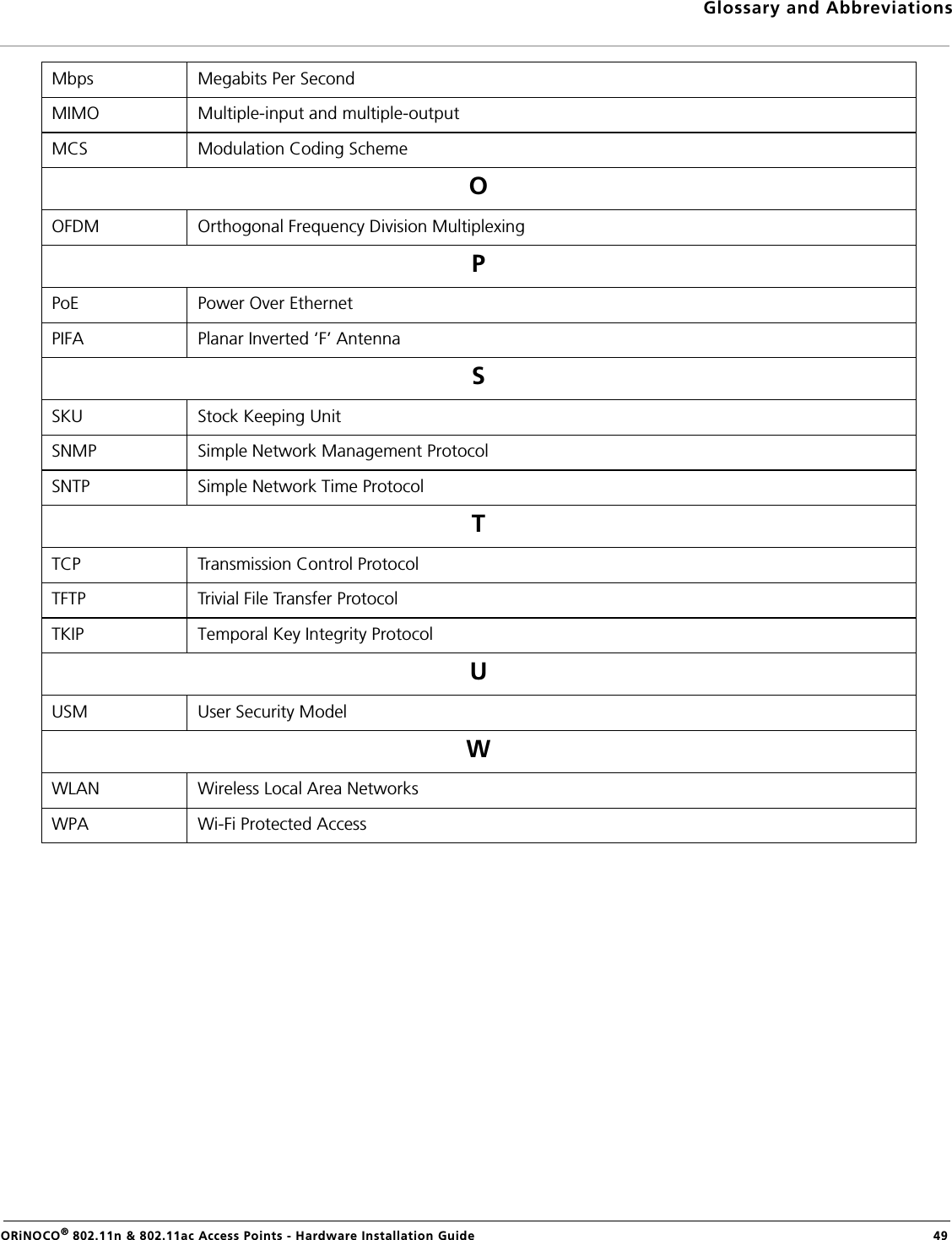 Glossary and AbbreviationsORiNOCO® 802.11n &amp; 802.11ac Access Points - Hardware Installation Guide  49Mbps Megabits Per SecondMIMO Multiple-input and multiple-outputMCS Modulation Coding SchemeOOFDM Orthogonal Frequency Division MultiplexingPPoE Power Over EthernetPIFA Planar Inverted ‘F’ AntennaSSKU Stock Keeping UnitSNMP Simple Network Management ProtocolSNTP Simple Network Time ProtocolTTCP Transmission Control ProtocolTFTP Trivial File Transfer ProtocolTKIP Temporal Key Integrity ProtocolUUSM User Security ModelWWLAN Wireless Local Area NetworksWPA Wi-Fi Protected Access