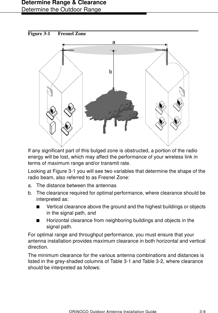 Determine Range &amp; ClearanceDetermine the Outdoor RangeORiNOCO Outdoor Antenna Installation Guide 3-9Figure 3-1  Fresnel ZoneIf any significant part of this bulged zone is obstructed, a portion of the radio energy will be lost, which may affect the performance of your wireless link in terms of maximum range and/or transmit rate.Looking at Figure 3-1 you will see two variables that determine the shape of the radio beam, also referred to as Fresnel Zone:a. The distance between the antennasb. The clearance required for optimal performance, where clearance should be interpreted as:■Vertical clearance above the ground and the highest buildings or objects in the signal path, and■Horizontal clearance from neighboring buildings and objects in the signal path.For optimal range and throughput performance, you must ensure that your antenna installation provides maximum clearance in both horizontal and vertical direction.The minimum clearance for the various antenna combinations and distances is listed in the grey-shaded columns of Table 3-1 and Table 3-2, where clearance should be interpreted as follows: