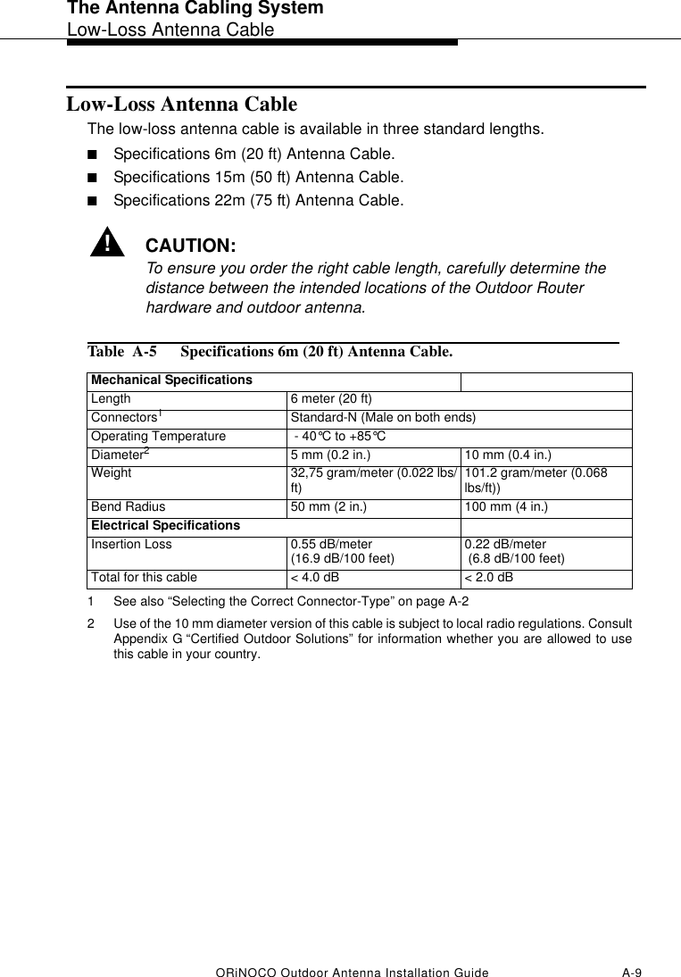 The Antenna Cabling SystemLow-Loss Antenna CableORiNOCO Outdoor Antenna Installation Guide A-9Low-Loss Antenna CableThe low-loss antenna cable is available in three standard lengths.■Specifications 6m (20 ft) Antenna Cable.■Specifications 15m (50 ft) Antenna Cable.■Specifications 22m (75 ft) Antenna Cable.!CAUTION:To ensure you order the right cable length, carefully determine the distance between the intended locations of the Outdoor Router hardware and outdoor antenna.Table  A-5  Specifications 6m (20 ft) Antenna Cable.Mechanical SpecificationsLength  6 meter (20 ft)Connectors11 See also “Selecting the Correct Connector-Type” on page A-2Standard-N (Male on both ends)Operating Temperature  - 40°C to +85°C Diameter22 Use of the 10 mm diameter version of this cable is subject to local radio regulations. ConsultAppendix G “Certified Outdoor Solutions” for information whether you are allowed to usethis cable in your country.  5 mm (0.2 in.) 10 mm (0.4 in.)Weight 32,75 gram/meter (0.022 lbs/ft) 101.2 gram/meter (0.068 lbs/ft))Bend Radius 50 mm (2 in.) 100 mm (4 in.)Electrical SpecificationsInsertion Loss 0.55 dB/meter (16.9 dB/100 feet) 0.22 dB/meter (6.8 dB/100 feet)Total for this cable &lt; 4.0 dB &lt; 2.0 dB