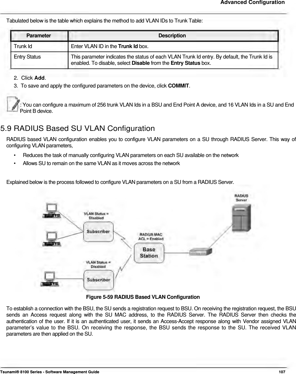     Advanced Configuration    Tabulated below is the table which explains the method to add VLAN IDs to Trunk Table:   Parameter Description Trunk Id  Enter VLAN ID in the Trunk Id box. Entry Status  This parameter indicates the status of each VLAN Trunk Id entry. By default, the Trunk Id is enabled. To disable, select Disable from the Entry Status box.   2.  Click Add.  3.  To save and apply the configured parameters on the device, click COMMIT.    : You can configure a maximum of 256 trunk VLAN Ids in a BSU and End Point A device, and 16 VLAN Ids in a SU and End Point B device.   5.9 RADIUS Based SU VLAN Configuration  RADIUS based VLAN configuration enables you to configure VLAN parameters on a SU through RADIUS Server. This way of configuring VLAN parameters,  •  Reduces the task of manually configuring VLAN parameters on each SU available on the network •  Allows SU to remain on the same VLAN as it moves across the network   Explained below is the process followed to configure VLAN parameters on a SU from a RADIUS Server.                   Figure 5-59 RADIUS Based VLAN Configuration  To establish a connection with the BSU, the SU sends a registration request to BSU. On receiving the registration request, the BSU sends an Access request along with the SU MAC address, to the RADIUS Server. The RADIUS Server then checks the authentication of the user. If it is an authenticated user, it sends an Access-Accept response along with Vendor assigned VLAN parameter’s value to the BSU. On receiving the response, the BSU sends the response to the SU. The received VLAN parameters are then applied on the SU.         Tsunami® 8100 Series - Software Management Guide  107 