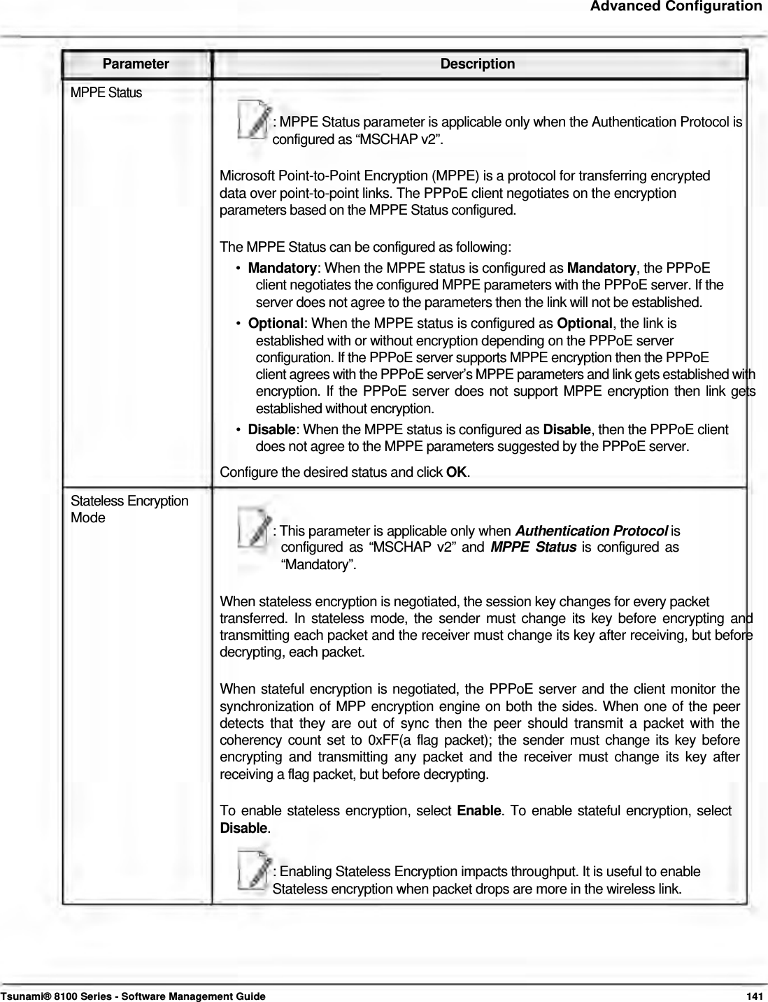     Advanced Configuration    Parameter Description MPPE Status  : MPPE Status parameter is applicable only when the Authentication Protocol is configured as “MSCHAP v2”.   Microsoft Point-to-Point Encryption (MPPE) is a protocol for transferring encrypted data over point-to-point links. The PPPoE client negotiates on the encryption  parameters based on the MPPE Status configured.   The MPPE Status can be configured as following:  •  Mandatory: When the MPPE status is configured as Mandatory, the PPPoE    client negotiates the configured MPPE parameters with the PPPoE server. If the    server does not agree to the parameters then the link will not be established.  •  Optional: When the MPPE status is configured as Optional, the link is  established with or without encryption depending on the PPPoE server  configuration. If the PPPoE server supports MPPE encryption then the PPPoE  client agrees with the PPPoE server’s MPPE parameters and link gets established with encryption. If the PPPoE server does not support MPPE encryption then link gets established without encryption.  •  Disable: When the MPPE status is configured as Disable, then the PPPoE client    does not agree to the MPPE parameters suggested by the PPPoE server.  Configure the desired status and click OK.  Stateless Encryption  Mode   : This parameter is applicable only when Authentication Protocol is  configured as “MSCHAP v2” and MPPE Status is configured as “Mandatory”.   When stateless encryption is negotiated, the session key changes for every packet  transferred. In stateless mode, the sender must change its key before encrypting and transmitting each packet and the receiver must change its key after receiving, but before decrypting, each packet.   When stateful encryption is negotiated, the PPPoE server and the client monitor the synchronization of MPP encryption engine on both the sides. When one of the peer detects that they are out of sync then the peer should transmit a packet with the coherency count set to 0xFF(a flag packet); the sender must change its key before encrypting and transmitting any packet and the receiver must change its key after receiving a flag packet, but before decrypting.   To enable stateless encryption, select Enable. To enable stateful encryption, select  Disable.   : Enabling Stateless Encryption impacts throughput. It is useful to enable  Stateless encryption when packet drops are more in the wireless link.          Tsunami® 8100 Series - Software Management Guide  141 