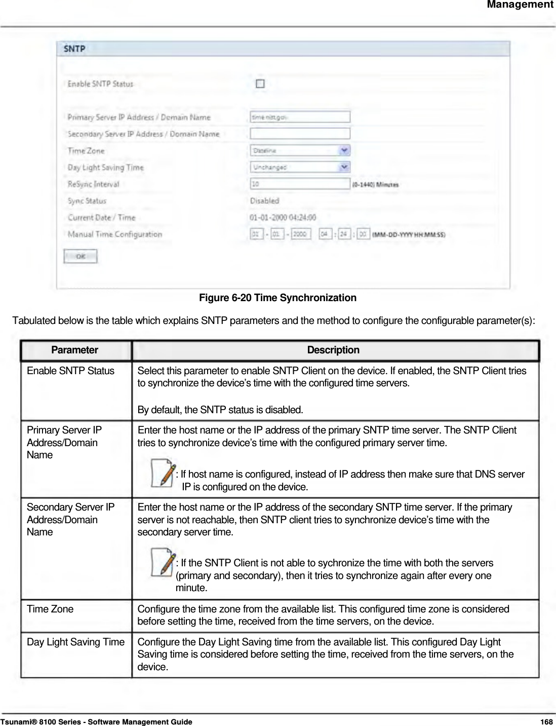     Management                         Figure 6-20 Time Synchronization  Tabulated below is the table which explains SNTP parameters and the method to configure the configurable parameter(s):   Parameter Description Enable SNTP Status  Select this parameter to enable SNTP Client on the device. If enabled, the SNTP Client tries to synchronize the device’s time with the configured time servers.  By default, the SNTP status is disabled. Primary Server IP  Enter the host name or the IP address of the primary SNTP time server. The SNTP Client Address/Domain  tries to synchronize device’s time with the configured primary server time. Name : If host name is configured, instead of IP address then make sure that DNS server IP is configured on the device. Secondary Server IP  Enter the host name or the IP address of the secondary SNTP time server. If the primary Address/Domain  server is not reachable, then SNTP client tries to synchronize device’s time with the Name secondary server time.  : If the SNTP Client is not able to sychronize the time with both the servers  (primary and secondary), then it tries to synchronize again after every one  minute.  Time Zone  Configure the time zone from the available list. This configured time zone is considered before setting the time, received from the time servers, on the device. Day Light Saving Time  Configure the Day Light Saving time from the available list. This configured Day Light Saving time is considered before setting the time, received from the time servers, on the device.      Tsunami® 8100 Series - Software Management Guide  168 