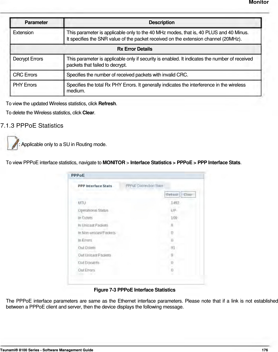     Monitor    Parameter Description Extension  This parameter is applicable only to the 40 MHz modes, that is, 40 PLUS and 40 Minus. It specifies the SNR value of the packet received on the extension channel (20MHz). Rx Error Details Decrypt Errors  This parameter is applicable only if security is enabled. It indicates the number of received packets that failed to decrypt. CRC Errors  Specifies the number of received packets with invalid CRC. PHY Errors  Specifies the total Rx PHY Errors. It generally indicates the interference in the wireless medium.  To view the updated Wireless statistics, click Refresh.  To delete the Wireless statistics, click Clear.  7.1.3 PPPoE Statistics    : Applicable only to a SU in Routing mode.    To view PPPoE interface statistics, navigate to MONITOR &gt; Interface Statistics &gt; PPPoE &gt; PPP Interface Stats.                       Figure 7-3 PPPoE Interface Statistics  The PPPoE interface parameters are same as the Ethernet interface parameters. Please note that if a link is not established between a PPPoE client and server, then the device displays the following message.           Tsunami® 8100 Series - Software Management Guide  176 