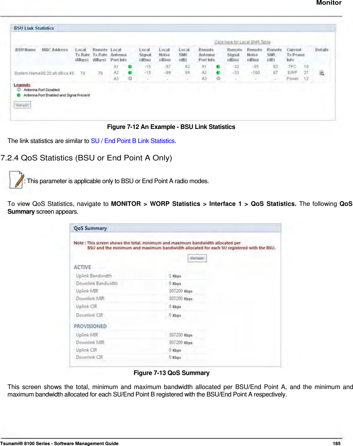     Monitor                  Figure 7-12 An Example - BSU Link Statistics  The link statistics are similar to SU / End Point B Link Statistics.   7.2.4 QoS Statistics (BSU or End Point A Only)    : This parameter is applicable only to BSU or End Point A radio modes.    To view QoS Statistics, navigate to MONITOR &gt; WORP Statistics &gt; Interface 1 &gt; QoS Statistics. The following QoS Summary screen appears.                        Figure 7-13 QoS Summary  This screen shows the total, minimum and maximum bandwidth allocated per BSU/End Point A, and the minimum and maximum bandwidth allocated for each SU/End Point B registered with the BSU/End Point A respectively.          Tsunami® 8100 Series - Software Management Guide  185 