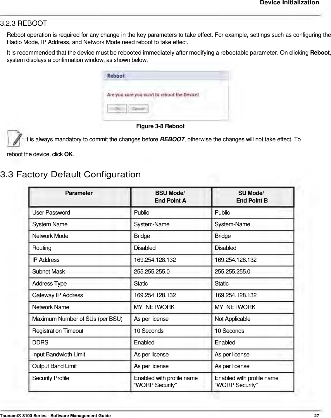     Device Initialization   3.2.3 REBOOT  Reboot operation is required for any change in the key parameters to take effect. For example, settings such as configuring the Radio Mode, IP Address, and Network Mode need reboot to take effect.  It is recommended that the device must be rebooted immediately after modifying a rebootable parameter. On clicking Reboot, system displays a confirmation window, as shown below.          Figure 3-8 Reboot  : It is always mandatory to commit the changes before REBOOT, otherwise the changes will not take effect. To reboot the device, click OK.   3.3 Factory Default Configuration   Parameter  BSU Mode/  SU Mode/ End Point A  End Point B User Password  Public  Public System Name  System-Name  System-Name Network Mode  Bridge  Bridge Routing Disabled Disabled IP Address  169.254.128.132  169.254.128.132 Subnet Mask  255.255.255.0  255.255.255.0 Address Type  Static  Static Gateway IP Address  169.254.128.132  169.254.128.132 Network Name  MY_NETWORK  MY_NETWORK Maximum Number of SUs (per BSU)  As per license  Not Applicable Registration Timeout  10 Seconds  10 Seconds DDRS Enabled Enabled Input Bandwidth Limit  As per license  As per license Output Band Limit  As per license  As per license Security Profile  Enabled with profile name  Enabled with profile name “WORP Security”  “WORP Security”      Tsunami® 8100 Series - Software Management Guide  27 