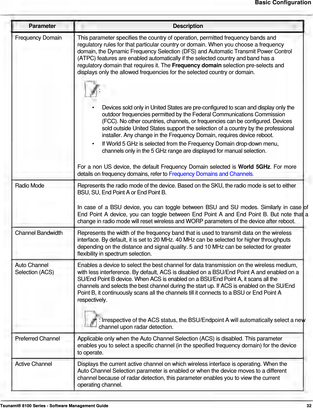     Basic Configuration    Parameter Description Frequency Domain  This parameter specifies the country of operation, permitted frequency bands and regulatory rules for that particular country or domain. When you choose a frequency  domain, the Dynamic Frequency Selection (DFS) and Automatic Transmit Power Control (ATPC) features are enabled automatically if the selected country and band has a  regulatory domain that requires it. The Frequency domain selection pre-selects and displays only the allowed frequencies for the selected country or domain.   :   •   Devices sold only in United States are pre-configured to scan and display only the    outdoor frequencies permitted by the Federal Communications Commission    (FCC). No other countries, channels, or frequencies can be configured. Devices    sold outside United States support the selection of a country by the professional    installer. Any change in the Frequency Domain, requires device reboot.  •   If World 5 GHz is selected from the Frequency Domain drop-down menu,    channels only in the 5 GHz range are displayed for manual selection.   For a non US device, the default Frequency Domain selected is World 5GHz. For more details on frequency domains, refer to Frequency Domains and Channels.  Radio Mode  Represents the radio mode of the device. Based on the SKU, the radio mode is set to either BSU, SU, End Point A or End Point B.   In case of a BSU device, you can toggle between BSU and SU modes. Similarly in case of  End Point A device, you can toggle between End Point A and End Point B. But note that a  change in radio mode will reset wireless and WORP parameters of the device after reboot.  Channel Bandwidth  Represents the width of the frequency band that is used to transmit data on the wireless interface. By default, it is set to 20 MHz. 40 MHz can be selected for higher throughputs depending on the distance and signal quality. 5 and 10 MHz can be selected for greater flexibility in spectrum selection. Auto Channel  Enables a device to select the best channel for data transmission on the wireless medium, Selection (ACS)  with less interference. By default, ACS is disabled on a BSU/End Point A and enabled on a SU/End Point B device. When ACS is enabled on a BSU/End Point A, it scans all the  channels and selects the best channel during the start up. If ACS is enabled on the SU/End  Point B, it continuously scans all the channels till it connects to a BSU or End Point A  respectively.   : Irrespective of the ACS status, the BSU/Endpoint A will automatically select a new channel upon radar detection.  Preferred Channel  Applicable only when the Auto Channel Selection (ACS) is disabled. This parameter enables you to select a specific channel (in the specified frequency domain) for the device to operate. Active Channel  Displays the current active channel on which wireless interface is operating. When the Auto Channel Selection parameter is enabled or when the device moves to a different channel because of radar detection, this parameter enables you to view the current operating channel.    Tsunami® 8100 Series - Software Management Guide  32 