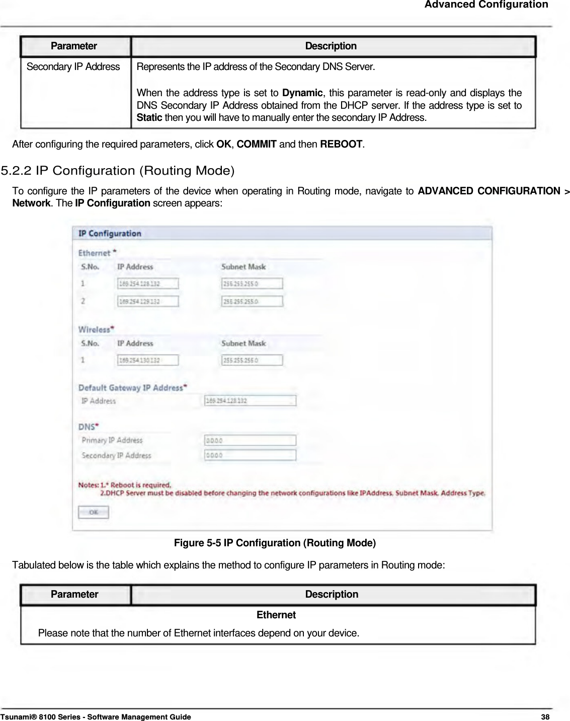    Advanced Configuration    Parameter Description Secondary IP Address  Represents the IP address of the Secondary DNS Server.  When the address type is set to Dynamic, this parameter is read-only and displays the DNS Secondary IP Address obtained from the DHCP server. If the address type is set to Static then you will have to manually enter the secondary IP Address.   After configuring the required parameters, click OK, COMMIT and then REBOOT.  5.2.2 IP Configuration (Routing Mode)  To configure the IP parameters of the device when operating in Routing mode, navigate to ADVANCED CONFIGURATION &gt; Network. The IP Configuration screen appears:                             Figure 5-5 IP Configuration (Routing Mode)  Tabulated below is the table which explains the method to configure IP parameters in Routing mode:   Parameter Description Ethernet Please note that the number of Ethernet interfaces depend on your device.          Tsunami® 8100 Series - Software Management Guide  38 