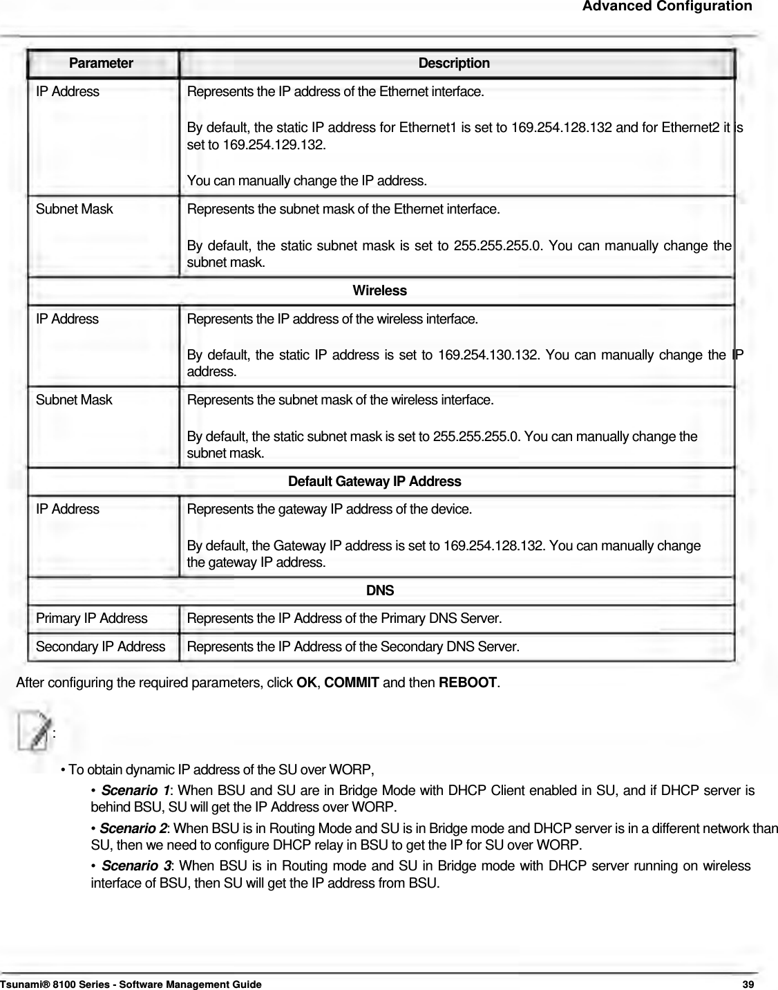     Advanced Configuration    Parameter Description IP Address  Represents the IP address of the Ethernet interface.  By default, the static IP address for Ethernet1 is set to 169.254.128.132 and for Ethernet2 it is set to 169.254.129.132.   You can manually change the IP address.  Subnet Mask  Represents the subnet mask of the Ethernet interface.  By default, the static subnet mask is set to 255.255.255.0. You can manually change the subnet mask.  Wireless  IP Address  Represents the IP address of the wireless interface.  By default, the static IP address is set to 169.254.130.132. You can manually change the IP  address.  Subnet Mask  Represents the subnet mask of the wireless interface.  By default, the static subnet mask is set to 255.255.255.0. You can manually change the subnet mask. Default Gateway IP Address IP Address  Represents the gateway IP address of the device.  By default, the Gateway IP address is set to 169.254.128.132. You can manually change the gateway IP address. DNS Primary IP Address  Represents the IP Address of the Primary DNS Server. Secondary IP Address  Represents the IP Address of the Secondary DNS Server.  After configuring the required parameters, click OK, COMMIT and then REBOOT.    :   • To obtain dynamic IP address of the SU over WORP,  • Scenario 1: When BSU and SU are in Bridge Mode with DHCP Client enabled in SU, and if DHCP server is behind BSU, SU will get the IP Address over WORP.  • Scenario 2: When BSU is in Routing Mode and SU is in Bridge mode and DHCP server is in a different network than SU, then we need to configure DHCP relay in BSU to get the IP for SU over WORP.  • Scenario 3: When BSU is in Routing mode and SU in Bridge mode with DHCP server running on wireless interface of BSU, then SU will get the IP address from BSU.         Tsunami® 8100 Series - Software Management Guide  39 
