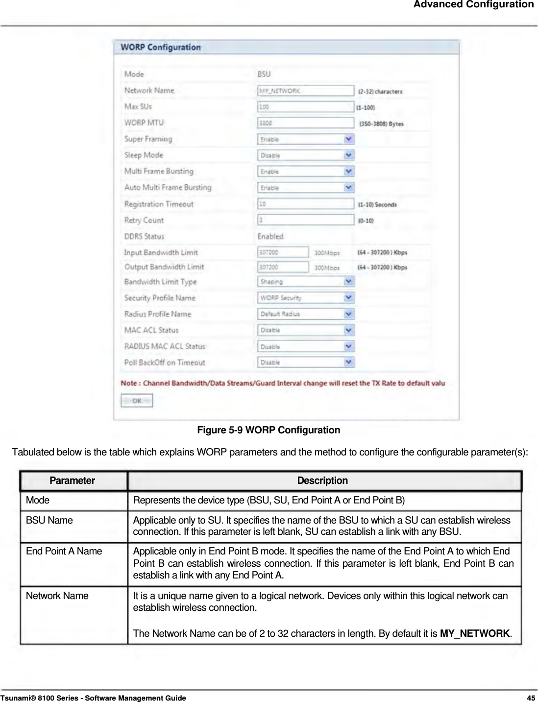     Advanced Configuration                                      Figure 5-9 WORP Configuration  Tabulated below is the table which explains WORP parameters and the method to configure the configurable parameter(s):   Parameter Description Mode  Represents the device type (BSU, SU, End Point A or End Point B) BSU Name  Applicable only to SU. It specifies the name of the BSU to which a SU can establish wireless connection. If this parameter is left blank, SU can establish a link with any BSU.  End Point A Name   Applicable only in End Point B mode. It specifies the name of the End Point A to which End  Point B can establish wireless connection. If this parameter is left blank, End Point B can establish a link with any End Point A.  Network Name  It is a unique name given to a logical network. Devices only within this logical network can establish wireless connection.  The Network Name can be of 2 to 32 characters in length. By default it is MY_NETWORK.       Tsunami® 8100 Series - Software Management Guide  45 