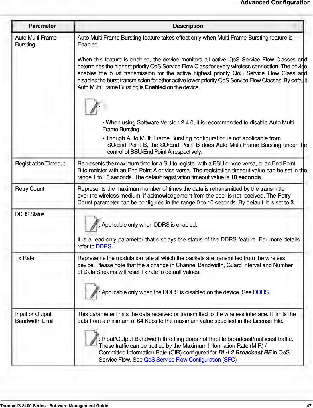     Advanced Configuration    Parameter Description Auto Multi Frame  Auto Multi Frame Bursting feature takes effect only when Multi Frame Bursting feature is Bursting Enabled.  When this feature is enabled, the device monitors all active QoS Service Flow Classes and determines the highest priority QoS Service Flow Class for every wireless connection. The device enables the burst transmission for the active highest priority QoS Service Flow Class and disables the burst transmission for other active lower priority QoS Service Flow Classes. By default, Auto Multi Frame Bursting is Enabled on the device.    :   • When using Software Version 2.4.0, it is recommended to disable Auto Multi Frame Bursting.  • Though Auto Multi Frame Bursting configuration is not applicable from  SU/End Point B, the SU/End Point B does Auto Multi Frame Bursting under the control of BSU/End Point A respectively.  Registration Timeout   Represents the maximum time for a SU to register with a BSU or vice versa, or an End Point  B to register with an End Point A or vice versa. The registration timeout value can be set in the range 1 to 10 seconds. The default registration timeout value is 10 seconds.  Retry Count  Represents the maximum number of times the data is retransmitted by the transmitter over the wireless medium, if acknowledgement from the peer is not received. The Retry  Count parameter can be configured in the range 0 to 10 seconds. By default, it is set to 3.  DDRS Status  : Applicable only when DDRS is enabled.   It is a read-only parameter that displays the status of the DDRS feature. For more details refer to DDRS.  Tx Rate  Represents the modulation rate at which the packets are transmitted from the wireless device. Please note that the a change in Channel Bandwidth, Guard Interval and Number of Data Streams will reset Tx rate to default values.   : Applicable only when the DDRS is disabled on the device. See DDRS.    Input or Output  This parameter limits the data received or transmitted to the wireless interface. It limits the Bandwidth Limit  data from a minimum of 64 Kbps to the maximum value specified in the License File.  : Input/Output Bandwidth throttling does not throttle broadcast/multicast traffic. These traffic can be trottled by the Maximum Information Rate (MIR) /  Committed Information Rate (CIR) configured for DL-L2 Broadcast BE in QoS Service Flow. See QoS Service Flow Configuration (SFC)          Tsunami® 8100 Series - Software Management Guide  47 