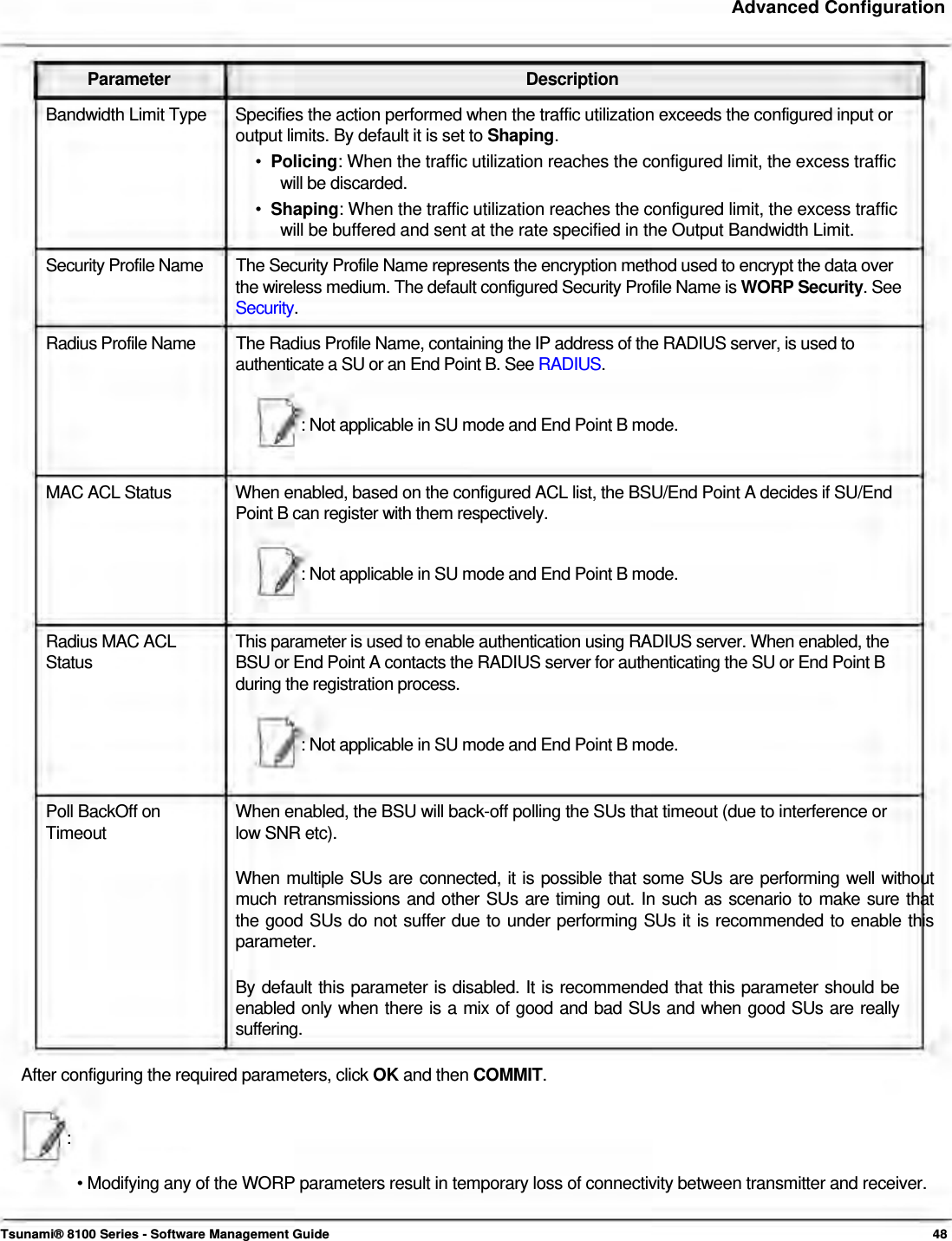     Advanced Configuration    Parameter Description Bandwidth Limit Type  Specifies the action performed when the traffic utilization exceeds the configured input or output limits. By default it is set to Shaping.  •  Policing: When the traffic utilization reaches the configured limit, the excess traffic    will be discarded.  •  Shaping: When the traffic utilization reaches the configured limit, the excess traffic    will be buffered and sent at the rate specified in the Output Bandwidth Limit.  Security Profile Name  The Security Profile Name represents the encryption method used to encrypt the data over the wireless medium. The default configured Security Profile Name is WORP Security. See Security. Radius Profile Name  The Radius Profile Name, containing the IP address of the RADIUS server, is used to authenticate a SU or an End Point B. See RADIUS.   : Not applicable in SU mode and End Point B mode.    MAC ACL Status  When enabled, based on the configured ACL list, the BSU/End Point A decides if SU/End Point B can register with them respectively.   : Not applicable in SU mode and End Point B mode.    Radius MAC ACL  This parameter is used to enable authentication using RADIUS server. When enabled, the Status  BSU or End Point A contacts the RADIUS server for authenticating the SU or End Point B during the registration process.   : Not applicable in SU mode and End Point B mode.    Poll BackOff on  When enabled, the BSU will back-off polling the SUs that timeout (due to interference or Timeout  low SNR etc).  When multiple SUs are connected, it is possible that some SUs are performing well without  much retransmissions and other SUs are timing out. In such as scenario to make sure that  the good SUs do not suffer due to under performing SUs it is recommended to enable this  parameter.   By default this parameter is disabled. It is recommended that this parameter should be  enabled only when there is a mix of good and bad SUs and when good SUs are really  suffering.   After configuring the required parameters, click OK and then COMMIT.    :   • Modifying any of the WORP parameters result in temporary loss of connectivity between transmitter and receiver.    Tsunami® 8100 Series - Software Management Guide  48 