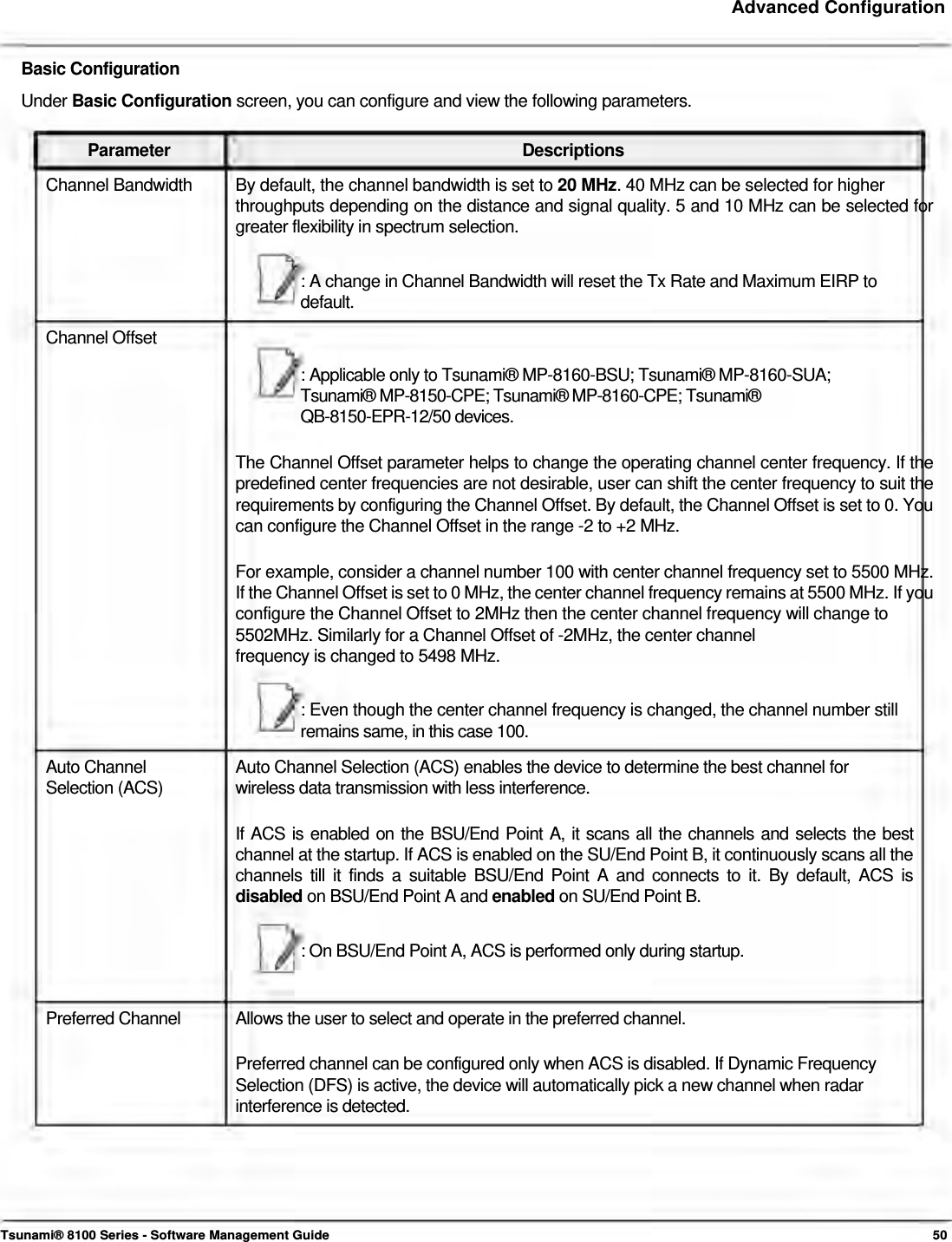     Advanced Configuration    Basic Configuration  Under Basic Configuration screen, you can configure and view the following parameters.   Parameter Descriptions Channel Bandwidth  By default, the channel bandwidth is set to 20 MHz. 40 MHz can be selected for higher throughputs depending on the distance and signal quality. 5 and 10 MHz can be selected for greater flexibility in spectrum selection.   : A change in Channel Bandwidth will reset the Tx Rate and Maximum EIRP to  default.  Channel Offset  : Applicable only to Tsunami® MP-8160-BSU; Tsunami® MP-8160-SUA; Tsunami® MP-8150-CPE; Tsunami® MP-8160-CPE; Tsunami®  QB-8150-EPR-12/50 devices.   The Channel Offset parameter helps to change the operating channel center frequency. If the predefined center frequencies are not desirable, user can shift the center frequency to suit the requirements by configuring the Channel Offset. By default, the Channel Offset is set to 0. You can configure the Channel Offset in the range -2 to +2 MHz.   For example, consider a channel number 100 with center channel frequency set to 5500 MHz. If the Channel Offset is set to 0 MHz, the center channel frequency remains at 5500 MHz. If you configure the Channel Offset to 2MHz then the center channel frequency will change to 5502MHz. Similarly for a Channel Offset of -2MHz, the center channel  frequency is changed to 5498 MHz.   : Even though the center channel frequency is changed, the channel number still remains same, in this case 100.  Auto Channel  Auto Channel Selection (ACS) enables the device to determine the best channel for Selection (ACS)  wireless data transmission with less interference.  If ACS is enabled on the BSU/End Point A, it scans all the channels and selects the best channel at the startup. If ACS is enabled on the SU/End Point B, it continuously scans all the channels till it finds a suitable BSU/End Point A and connects to it. By default, ACS is disabled on BSU/End Point A and enabled on SU/End Point B.   : On BSU/End Point A, ACS is performed only during startup.    Preferred Channel  Allows the user to select and operate in the preferred channel.  Preferred channel can be configured only when ACS is disabled. If Dynamic Frequency Selection (DFS) is active, the device will automatically pick a new channel when radar interference is detected.        Tsunami® 8100 Series - Software Management Guide  50 