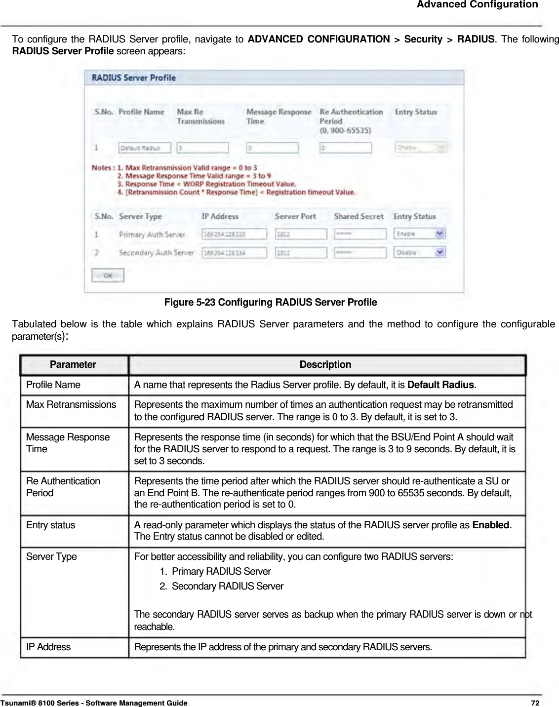     Advanced Configuration   To configure the RADIUS Server profile, navigate to ADVANCED CONFIGURATION &gt; Security &gt; RADIUS. The following RADIUS Server Profile screen appears:                      Figure 5-23 Configuring RADIUS Server Profile  Tabulated below is the table which explains RADIUS Server parameters and the method to configure the configurable parameter(s):   Parameter Description Profile Name  A name that represents the Radius Server profile. By default, it is Default Radius. Max Retransmissions  Represents the maximum number of times an authentication request may be retransmitted to the configured RADIUS server. The range is 0 to 3. By default, it is set to 3. Message Response  Represents the response time (in seconds) for which that the BSU/End Point A should wait Time  for the RADIUS server to respond to a request. The range is 3 to 9 seconds. By default, it is set to 3 seconds. Re Authentication  Represents the time period after which the RADIUS server should re-authenticate a SU or Period  an End Point B. The re-authenticate period ranges from 900 to 65535 seconds. By default, the re-authentication period is set to 0.  Entry status  A read-only parameter which displays the status of the RADIUS server profile as Enabled. The Entry status cannot be disabled or edited.  Server Type  For better accessibility and reliability, you can configure two RADIUS servers: 1.  Primary RADIUS Server  2.  Secondary RADIUS Server   The secondary RADIUS server serves as backup when the primary RADIUS server is down or not reachable.  IP Address  Represents the IP address of the primary and secondary RADIUS servers.      Tsunami® 8100 Series - Software Management Guide  72 
