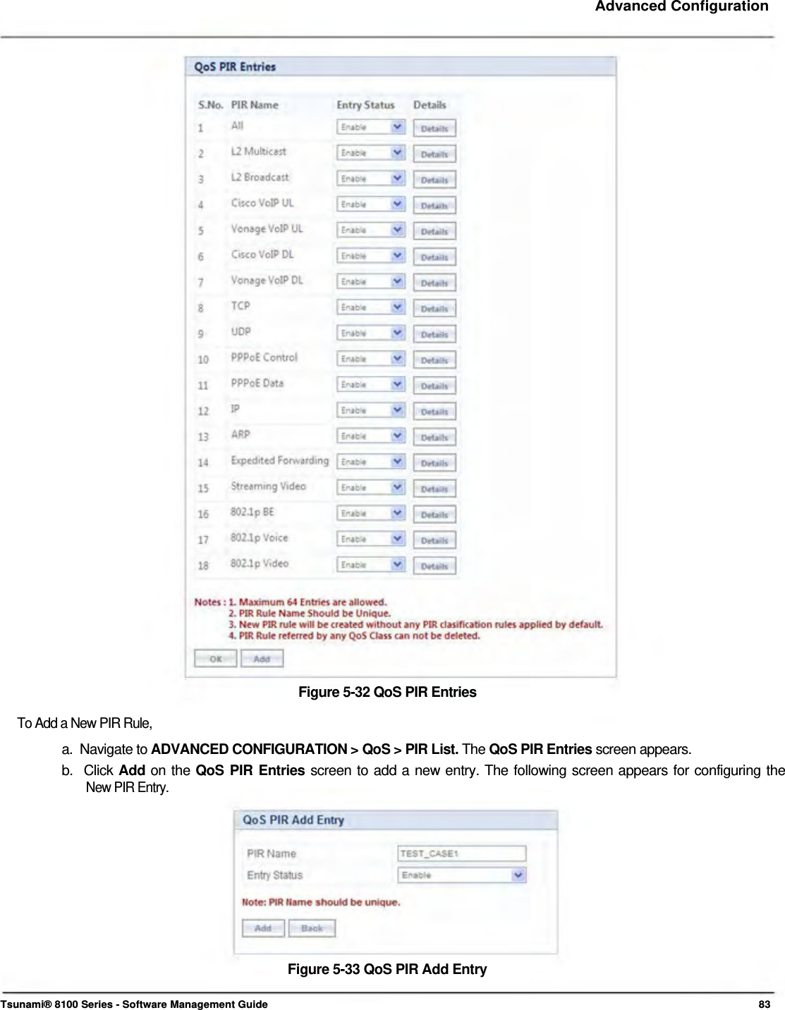     Advanced Configuration                                          Figure 5-32 QoS PIR Entries  To Add a New PIR Rule,  a.  Navigate to ADVANCED CONFIGURATION &gt; QoS &gt; PIR List. The QoS PIR Entries screen appears.  b.  Click Add on the QoS PIR Entries screen to add a new entry. The following screen appears for configuring the   New PIR Entry.             Figure 5-33 QoS PIR Add Entry   Tsunami® 8100 Series - Software Management Guide  83 