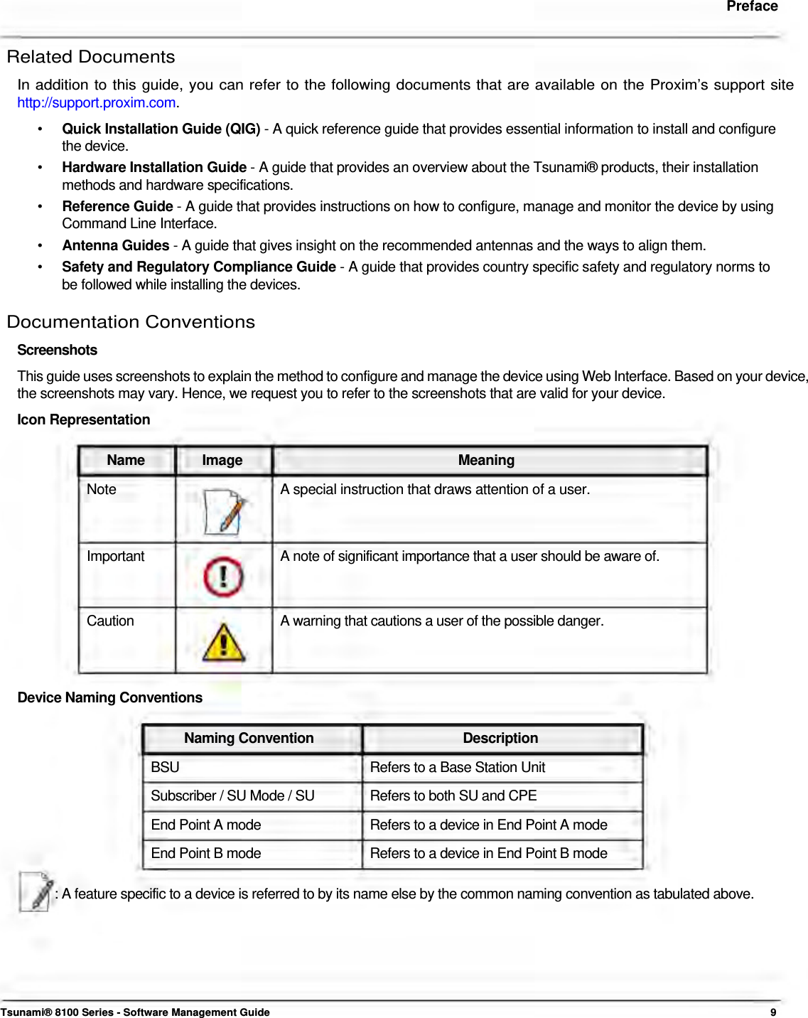     Preface   Related Documents  In addition to this guide, you can refer to the following documents that are available on the Proxim’s support site http://support.proxim.com.  •  Quick Installation Guide (QIG) - A quick reference guide that provides essential information to install and configure the device. •  Hardware Installation Guide - A guide that provides an overview about the Tsunami® products, their installation methods and hardware specifications. •  Reference Guide - A guide that provides instructions on how to configure, manage and monitor the device by using Command Line Interface. •  Antenna Guides - A guide that gives insight on the recommended antennas and the ways to align them. •  Safety and Regulatory Compliance Guide - A guide that provides country specific safety and regulatory norms to be followed while installing the devices. Documentation Conventions  Screenshots  This guide uses screenshots to explain the method to configure and manage the device using Web Interface. Based on your device, the screenshots may vary. Hence, we request you to refer to the screenshots that are valid for your device.  Icon Representation   Name Image  Meaning Note  A special instruction that draws attention of a user.    Important  A note of significant importance that a user should be aware of.   Caution  A warning that cautions a user of the possible danger.    Device Naming Conventions  Naming Convention  Description BSU  Refers to a Base Station Unit Subscriber / SU Mode / SU  Refers to both SU and CPE End Point A mode  Refers to a device in End Point A mode End Point B mode  Refers to a device in End Point B mode  : A feature specific to a device is referred to by its name else by the common naming convention as tabulated above.          Tsunami® 8100 Series - Software Management Guide  9 