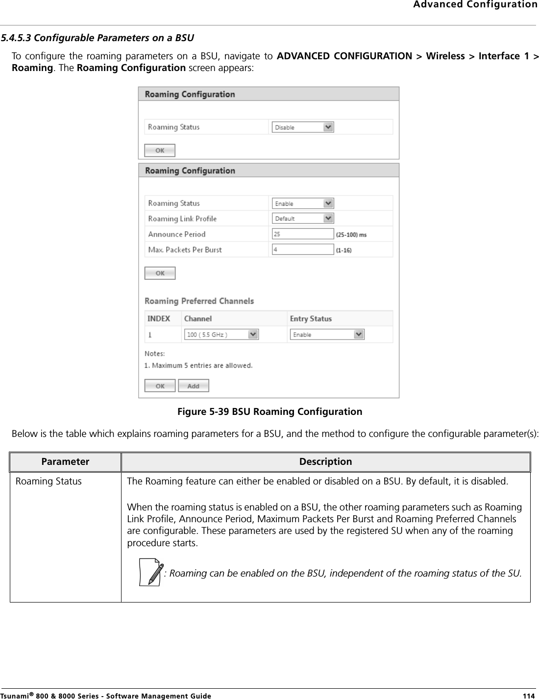 Advanced ConfigurationTsunami® 800 &amp; 8000 Series - Software Management Guide  1145.4.5.3 Configurable Parameters on a BSUTo  configure the  roaming parameters  on a  BSU, navigate  to ADVANCED  CONFIGURATION &gt; Wireless &gt;  Interface 1  &gt;Roaming. The Roaming Configuration screen appears:Figure 5-39 BSU Roaming Configuration Below is the table which explains roaming parameters for a BSU, and the method to configure the configurable parameter(s):Parameter DescriptionRoaming Status The Roaming feature can either be enabled or disabled on a BSU. By default, it is disabled.When the roaming status is enabled on a BSU, the other roaming parameters such as Roaming Link Profile, Announce Period, Maximum Packets Per Burst and Roaming Preferred Channels are configurable. These parameters are used by the registered SU when any of the roaming procedure starts.: Roaming can be enabled on the BSU, independent of the roaming status of the SU.