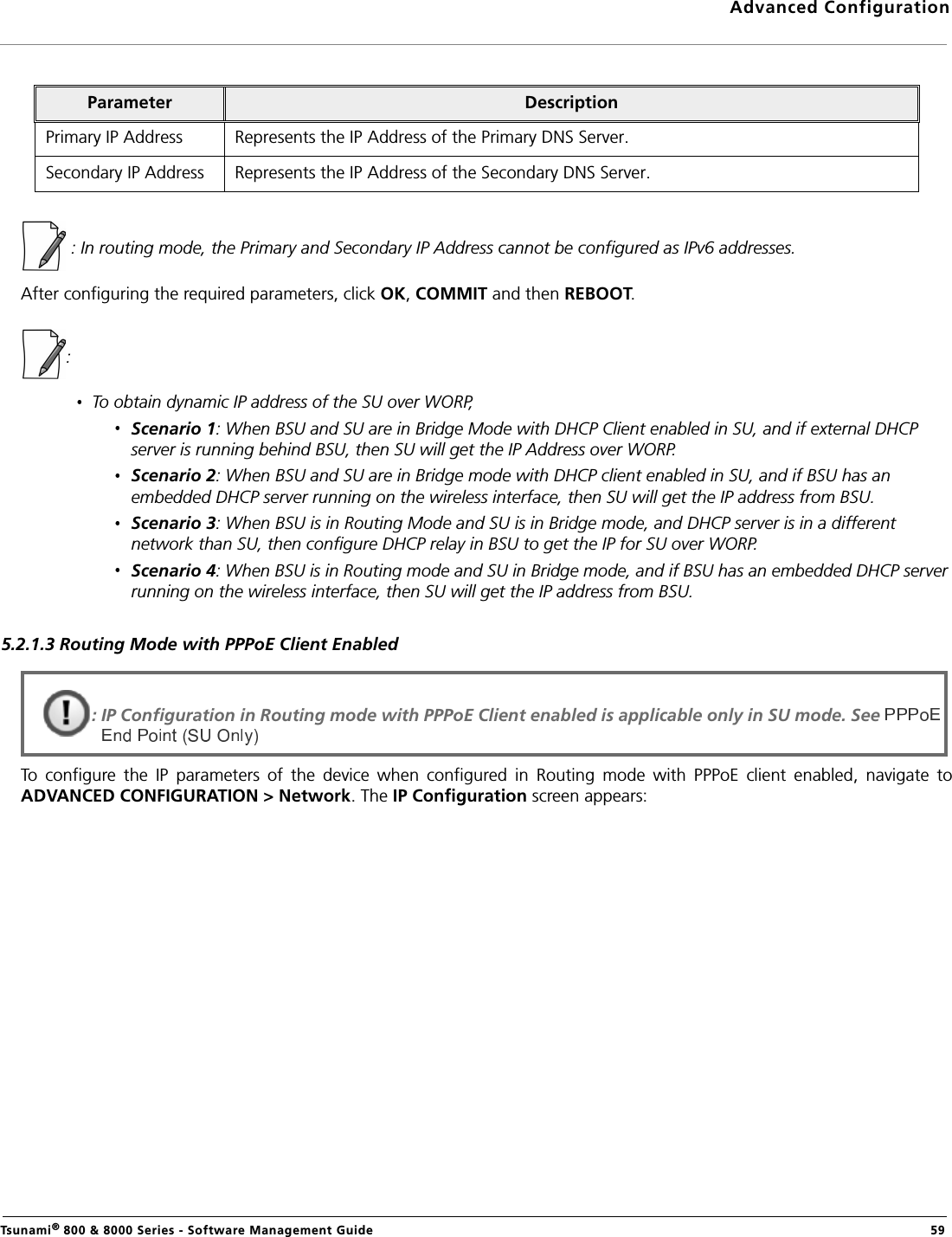 Advanced ConfigurationTsunami® 800 &amp; 8000 Series - Software Management Guide  59 : In routing mode, the Primary and Secondary IP Address cannot be configured as IPv6 addresses.After configuring the required parameters, click OK, COMMIT and then REBOOT.: To obtain dynamic IP address of the SU over WORP,Scenario 1: When BSU and SU are in Bridge Mode with DHCP Client enabled in SU, and if external DHCP server is running behind BSU, then SU will get the IP Address over WORP.Scenario 2: When BSU and SU are in Bridge mode with DHCP client enabled in SU, and if BSU has an embedded DHCP server running on the wireless interface, then SU will get the IP address from BSU.Scenario 3: When BSU is in Routing Mode and SU is in Bridge mode, and DHCP server is in a different network than SU, then configure DHCP relay in BSU to get the IP for SU over WORP. Scenario 4: When BSU is in Routing mode and SU in Bridge mode, and if BSU has an embedded DHCP server running on the wireless interface, then SU will get the IP address from BSU.5.2.1.3 Routing Mode with PPPoE Client EnabledTo  configure  the  IP  parameters  of  the  device  when  configured  in  Routing  mode  with  PPPoE  client  enabled,  navigate  toADVANCED CONFIGURATION &gt; Network. The IP Configuration screen appears:Parameter DescriptionPrimary IP Address Represents the IP Address of the Primary DNS Server. Secondary IP Address Represents the IP Address of the Secondary DNS Server. : IP Configuration in Routing mode with PPPoE Client enabled is applicable only in SU mode. See  