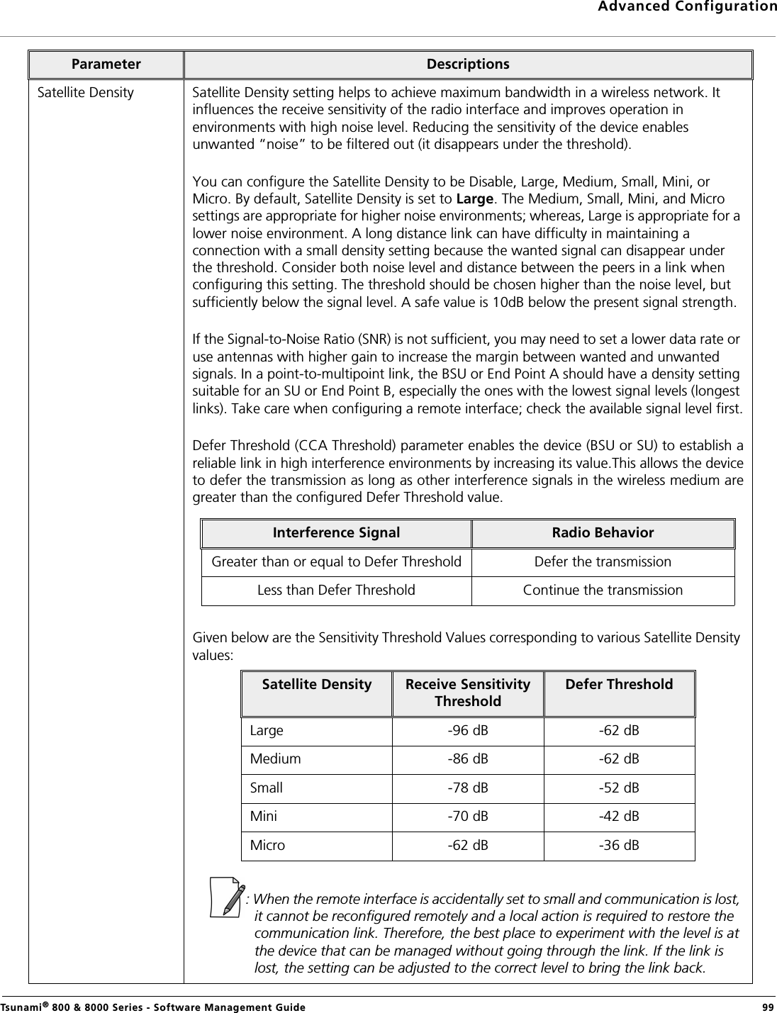 Advanced ConfigurationTsunami® 800 &amp; 8000 Series - Software Management Guide  99Satellite Density Satellite Density setting helps to achieve maximum bandwidth in a wireless network. It influences the receive sensitivity of the radio interface and improves operation in environments with high noise level. Reducing the sensitivity of the device enables unwanted “noise” to be filtered out (it disappears under the threshold). You can configure the Satellite Density to be Disable, Large, Medium, Small, Mini, or Micro. By default, Satellite Density is set to Large. The Medium, Small, Mini, and Micro settings are appropriate for higher noise environments; whereas, Large is appropriate for a lower noise environment. A long distance link can have difficulty in maintaining a connection with a small density setting because the wanted signal can disappear under the threshold. Consider both noise level and distance between the peers in a link when configuring this setting. The threshold should be chosen higher than the noise level, but sufficiently below the signal level. A safe value is 10dB below the present signal strength.If the Signal-to-Noise Ratio (SNR) is not sufficient, you may need to set a lower data rate or use antennas with higher gain to increase the margin between wanted and unwanted signals. In a point-to-multipoint link, the BSU or End Point A should have a density setting suitable for an SU or End Point B, especially the ones with the lowest signal levels (longest links). Take care when configuring a remote interface; check the available signal level first.Defer Threshold (CCA Threshold) parameter enables the device (BSU or SU) to establish areliable link in high interference environments by increasing its value.This allows the deviceto defer the transmission as long as other interference signals in the wireless medium aregreater than the configured Defer Threshold value. Given below are the Sensitivity Threshold Values corresponding to various Satellite Density values:: When the remote interface is accidentally set to small and communication is lost, it cannot be reconfigured remotely and a local action is required to restore the communication link. Therefore, the best place to experiment with the level is at the device that can be managed without going through the link. If the link is lost, the setting can be adjusted to the correct level to bring the link back.Parameter DescriptionsInterference Signal Radio BehaviorGreater than or equal to Defer Threshold Defer the transmissionLess than Defer Threshold Continue the transmissionSatellite Density Receive Sensitivity ThresholdDefer ThresholdLarge -96 dB -62 dBMedium -86 dB -62 dBSmall -78 dB -52 dBMini -70 dB -42 dBMicro -62 dB -36 dB